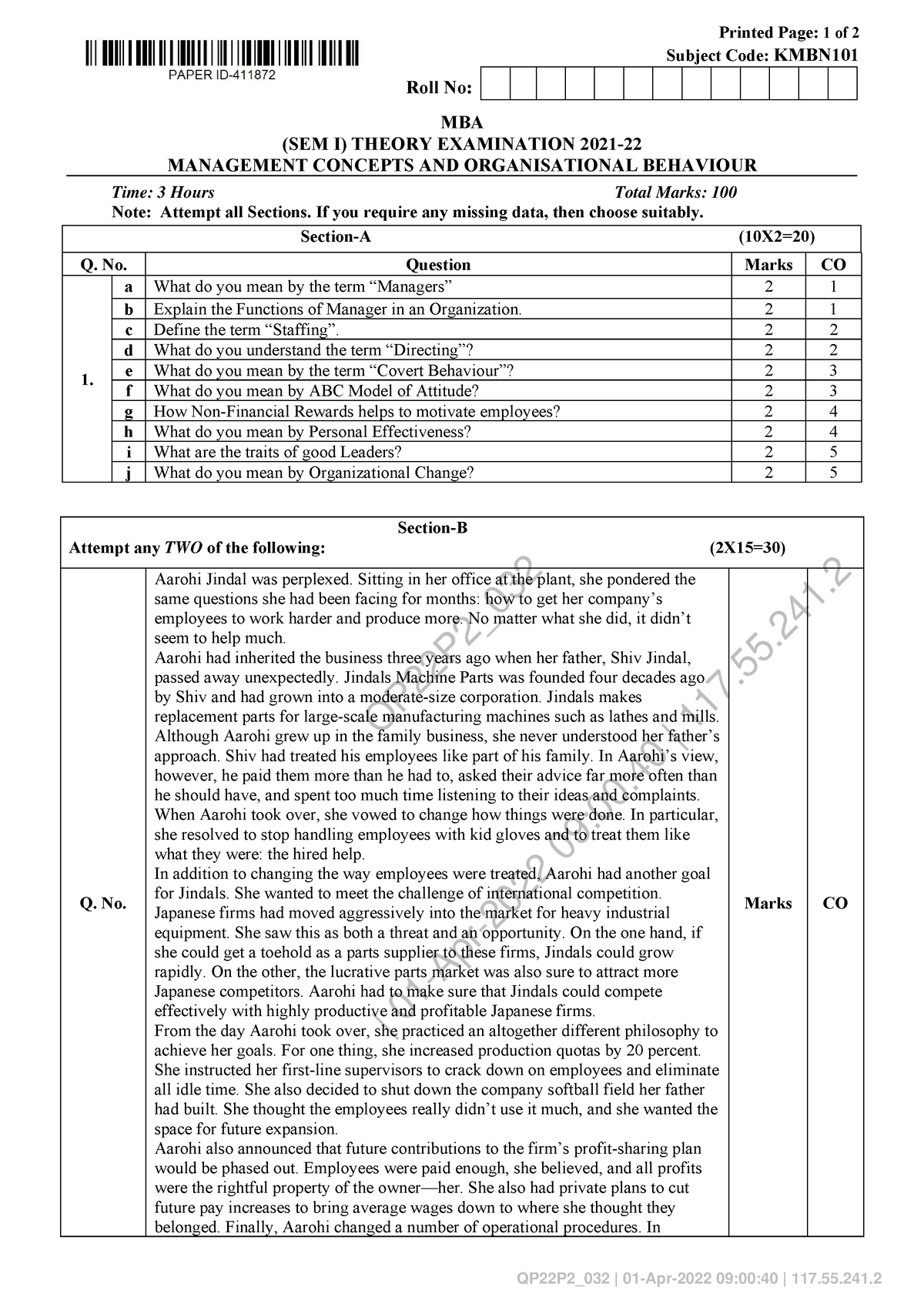 Mba 1 Sem Management Concept And Organisational Behaviour Kmbn101 2022 ...