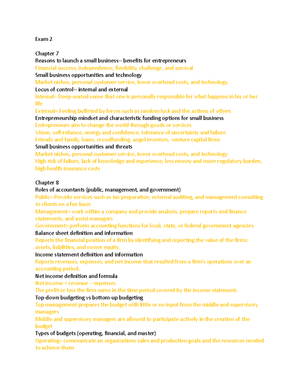 Study guide for exam 2 of business. Chapters 7 through 10. - Exam 2 ...