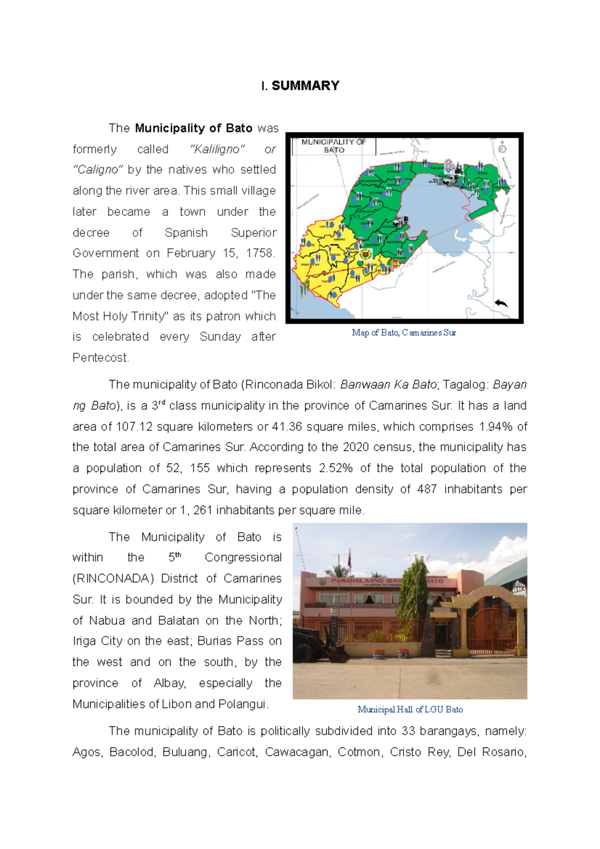 Area Study Bato Camarines Sur - Summary - I. SUMMARY The Municipality ...