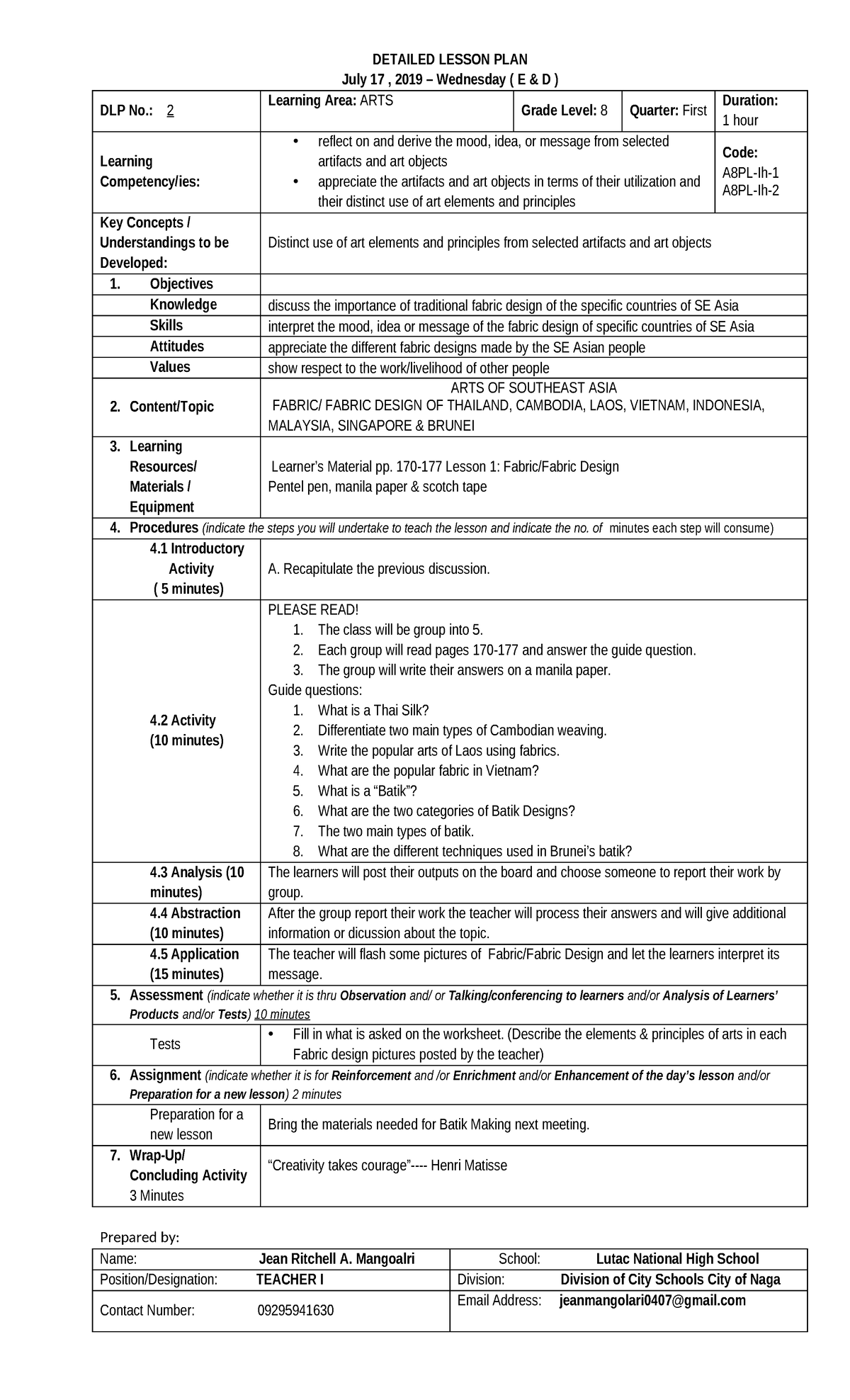 2 A8PL-Ih-1 A8-Ih-2 - lesson plan for mapeh - DETAILED LESSON PLAN July ...