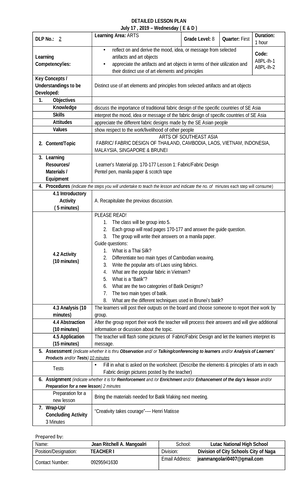 3 H8FH-Ib-19 - lesson plan for mapeh - DETAILED LESSON PLAN FORMAT DLP ...