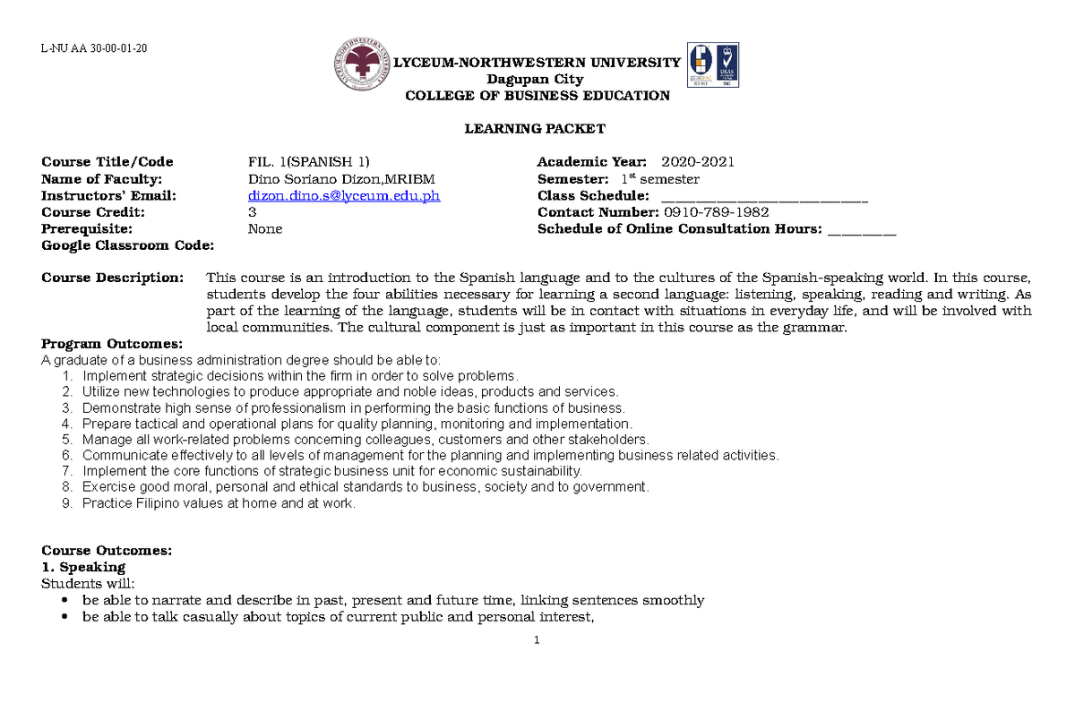 Learning-Packet-Template- in Spanish 101 - Business Administration ...