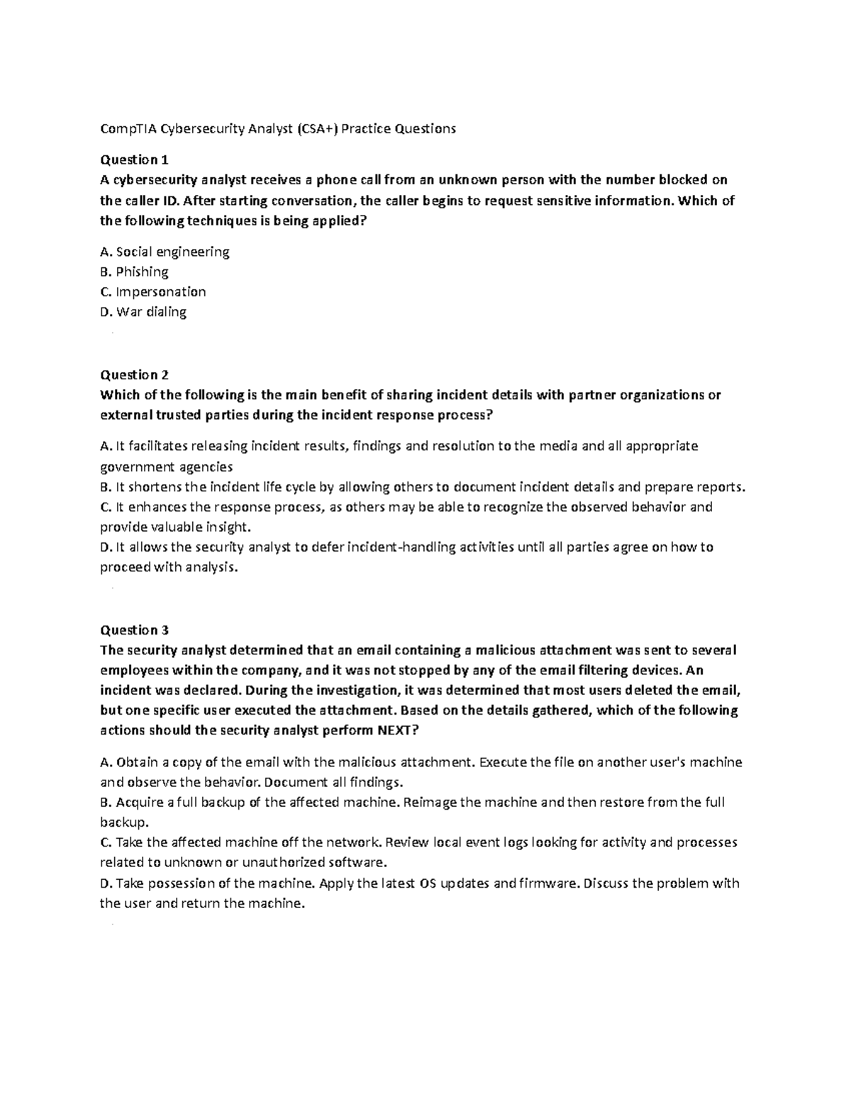 Comp TIA Cybersecurity Analyst-Practice Q-10 - CompTIA Cybersecurity ...