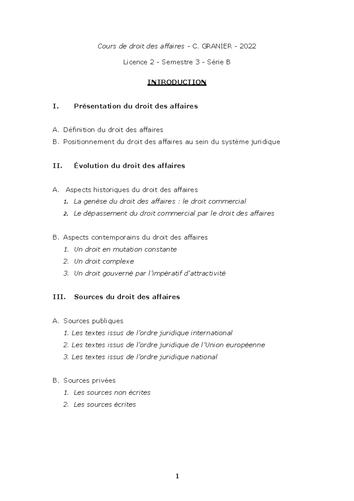 Plan Introduction - 2022 - Plan - 1 Cours de droit des affaires - C ...