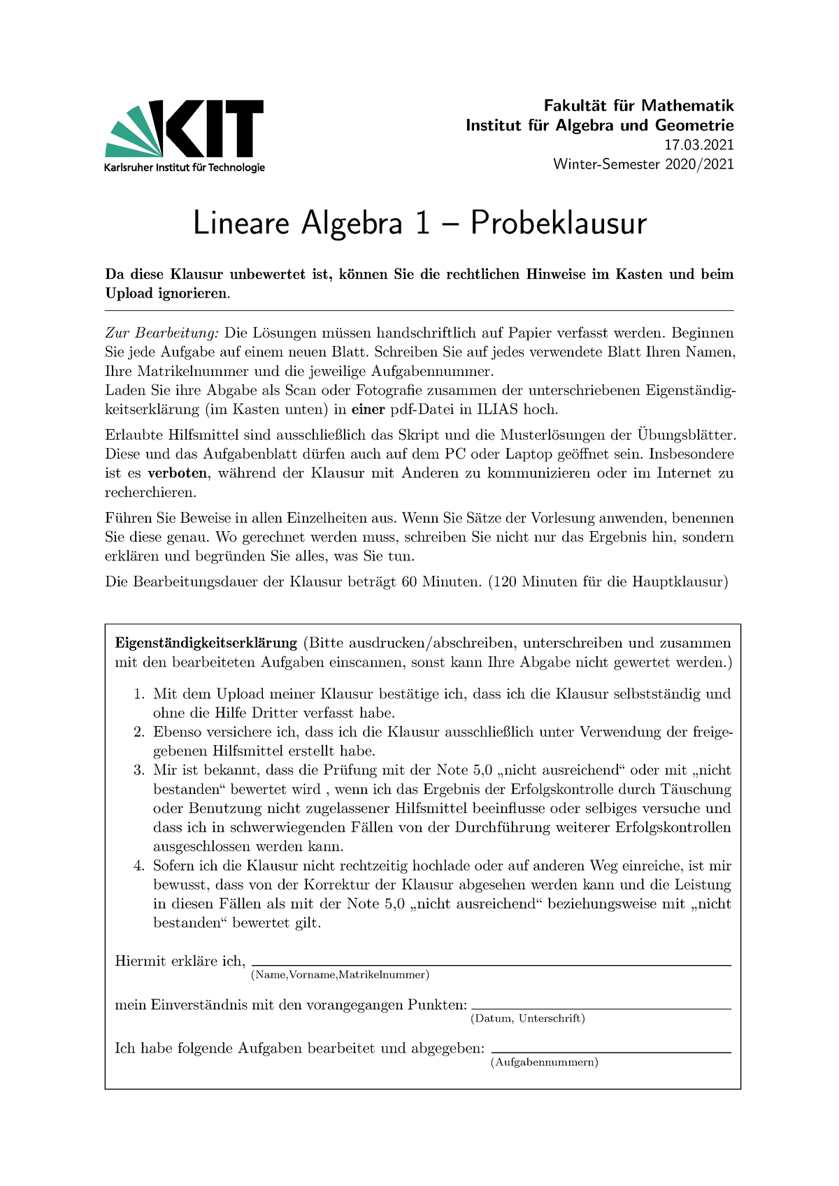 Probeklausur - Fakult ̈at F ̈ur Mathematik Institut F ̈ur Algebra Und ...