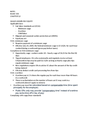 BLAW 330 Chapter 11 Notes - NOTES BLAW 330 CHAPTER 11 FMLA (family ...