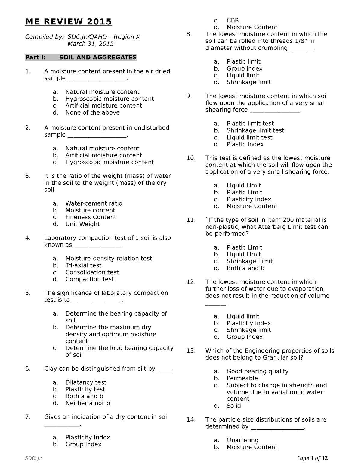 ME 2015 review - Questionaire - Part 1 (Soil and Aggregates) - BS in ...