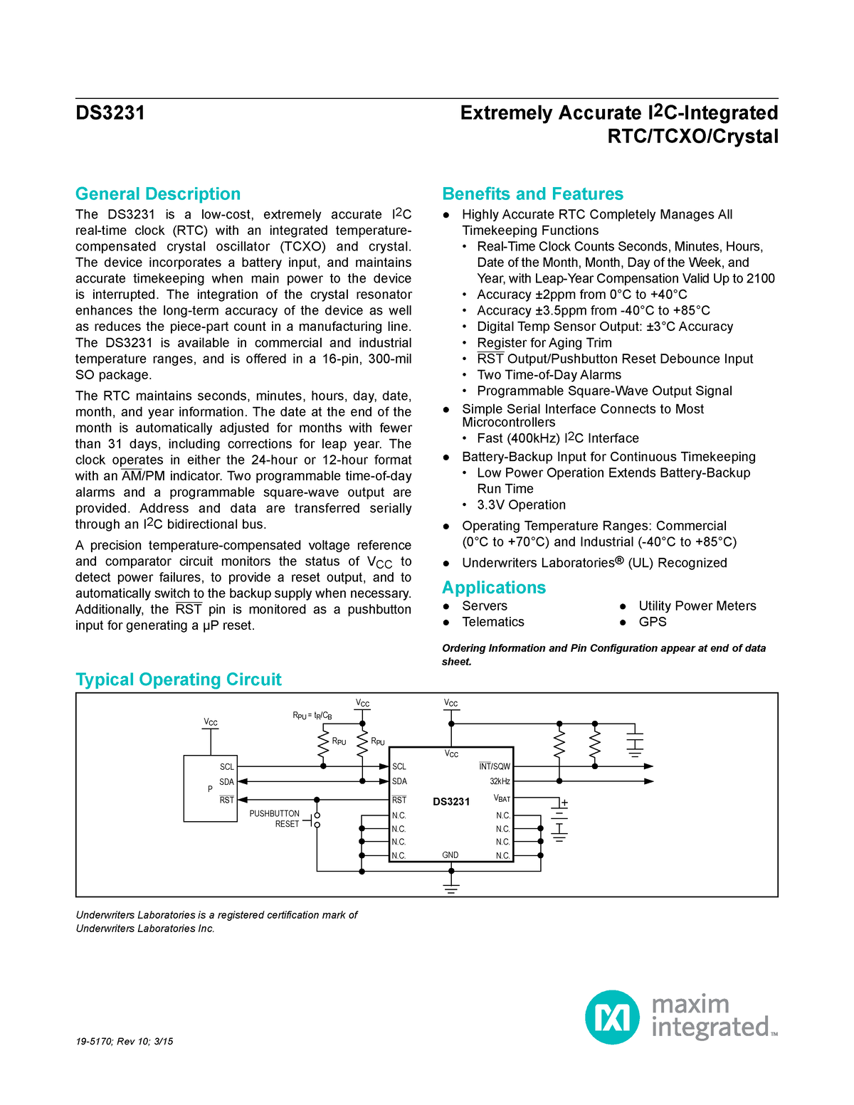 DS3231-Maxim Integrated - General Description The DS3231 Is A Low-cost ...