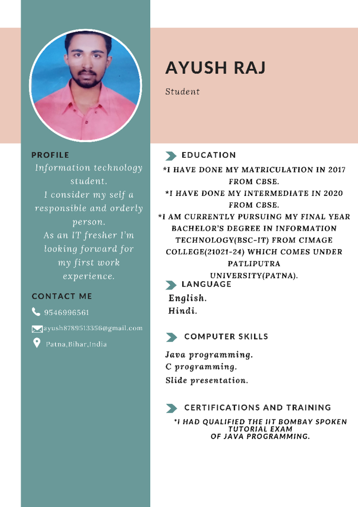 Ayush Resume - Batchelor of Science in Information Technology - Studocu