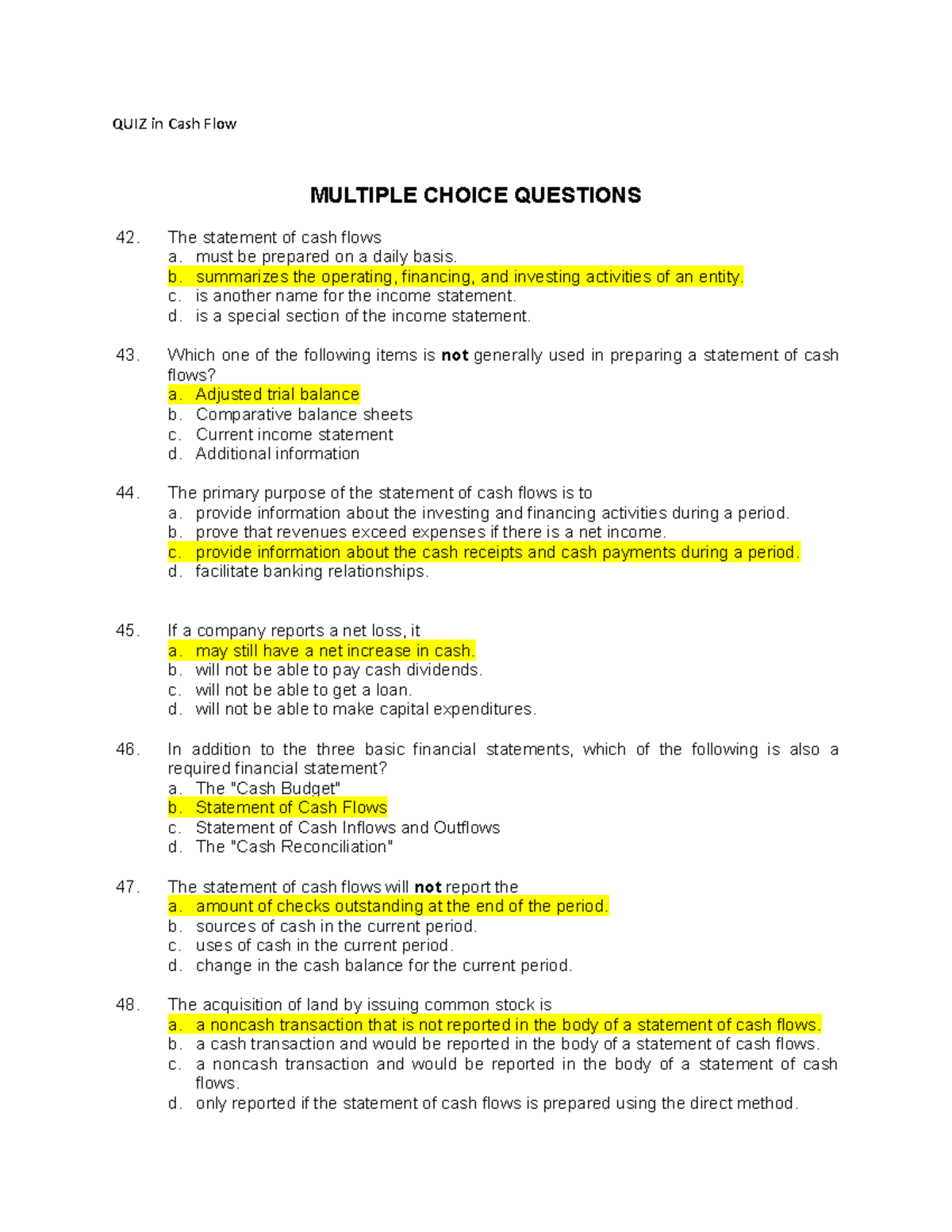 QUIZ - CASH FLOW - Test bank - QUIZ in Cash Flow MULTIPLE CHOICE ...