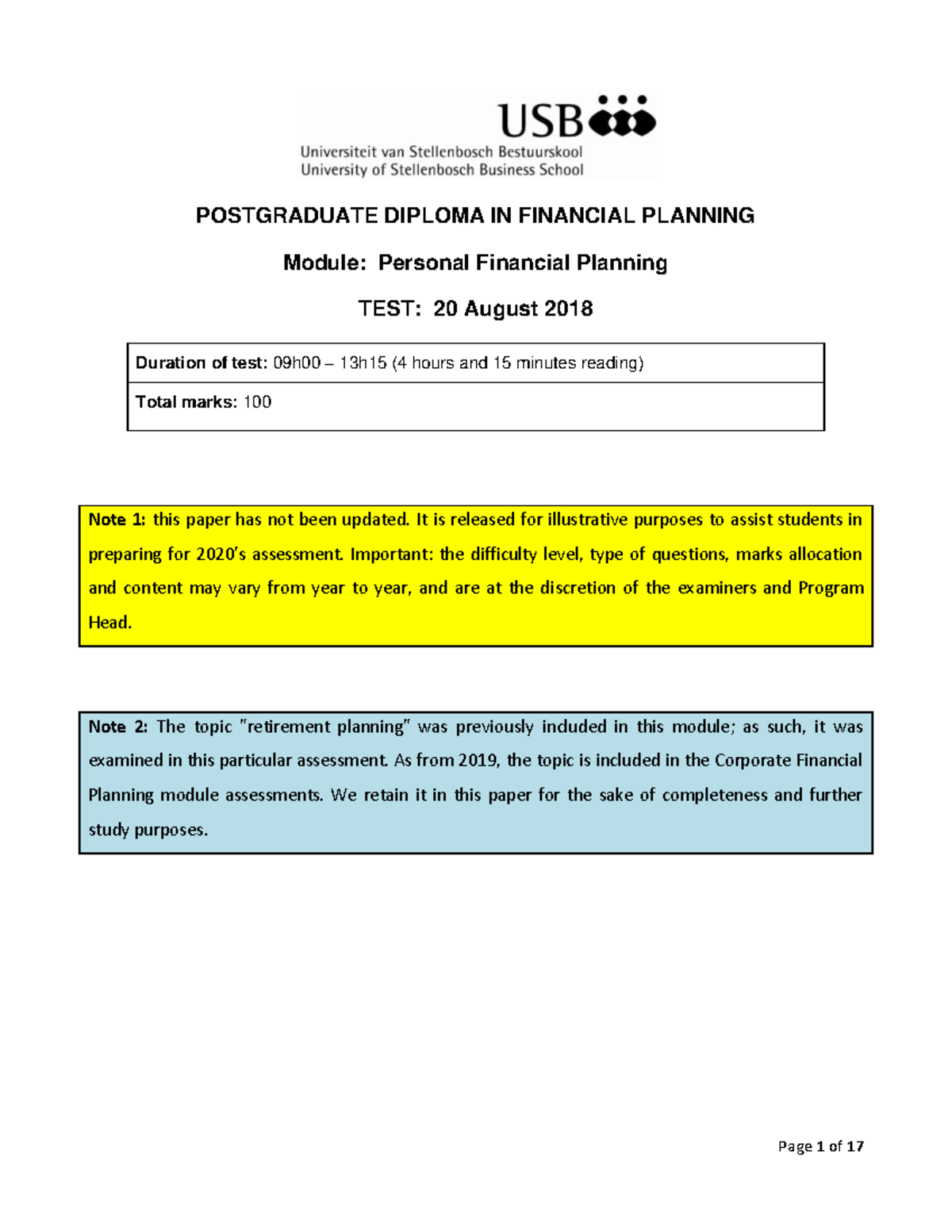 Personal FP test paper - POSTGRADUATE DIPLOMA IN FINANCIAL PLANNING ...