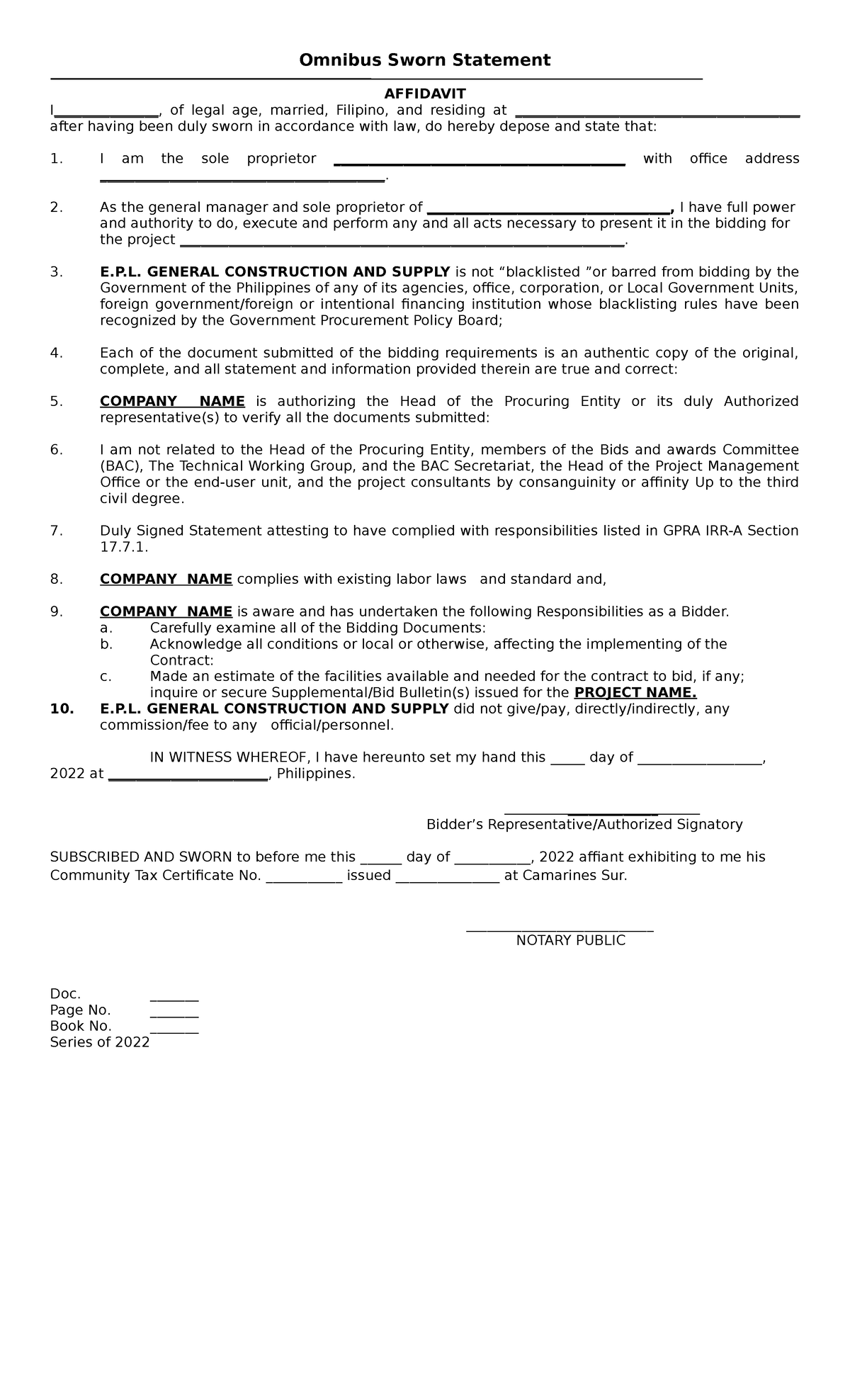 Omnibus Sworn Statement - Omnibus Sworn Statement AFFIDAVIT I ...