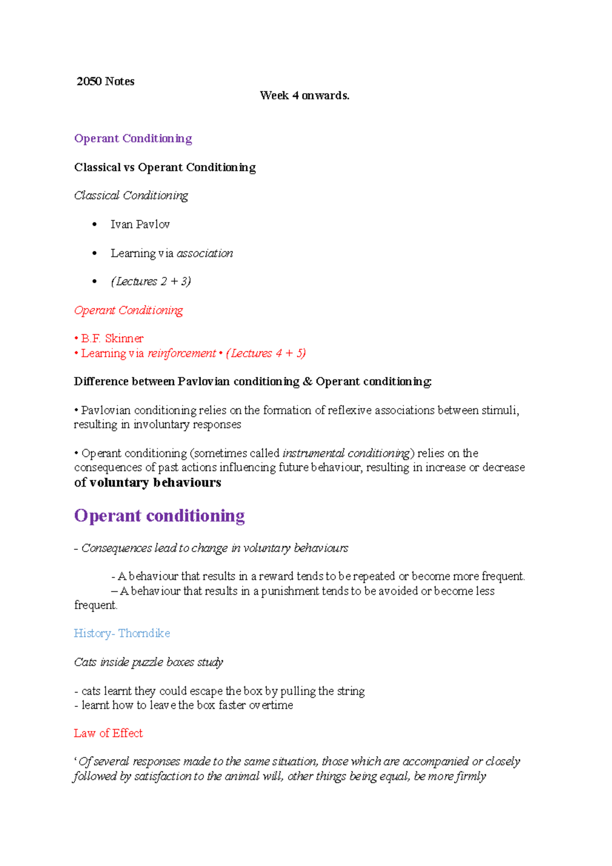 2050 lecture Notes - 2050 Notes Week 4 onwards. Operant Conditioning ...