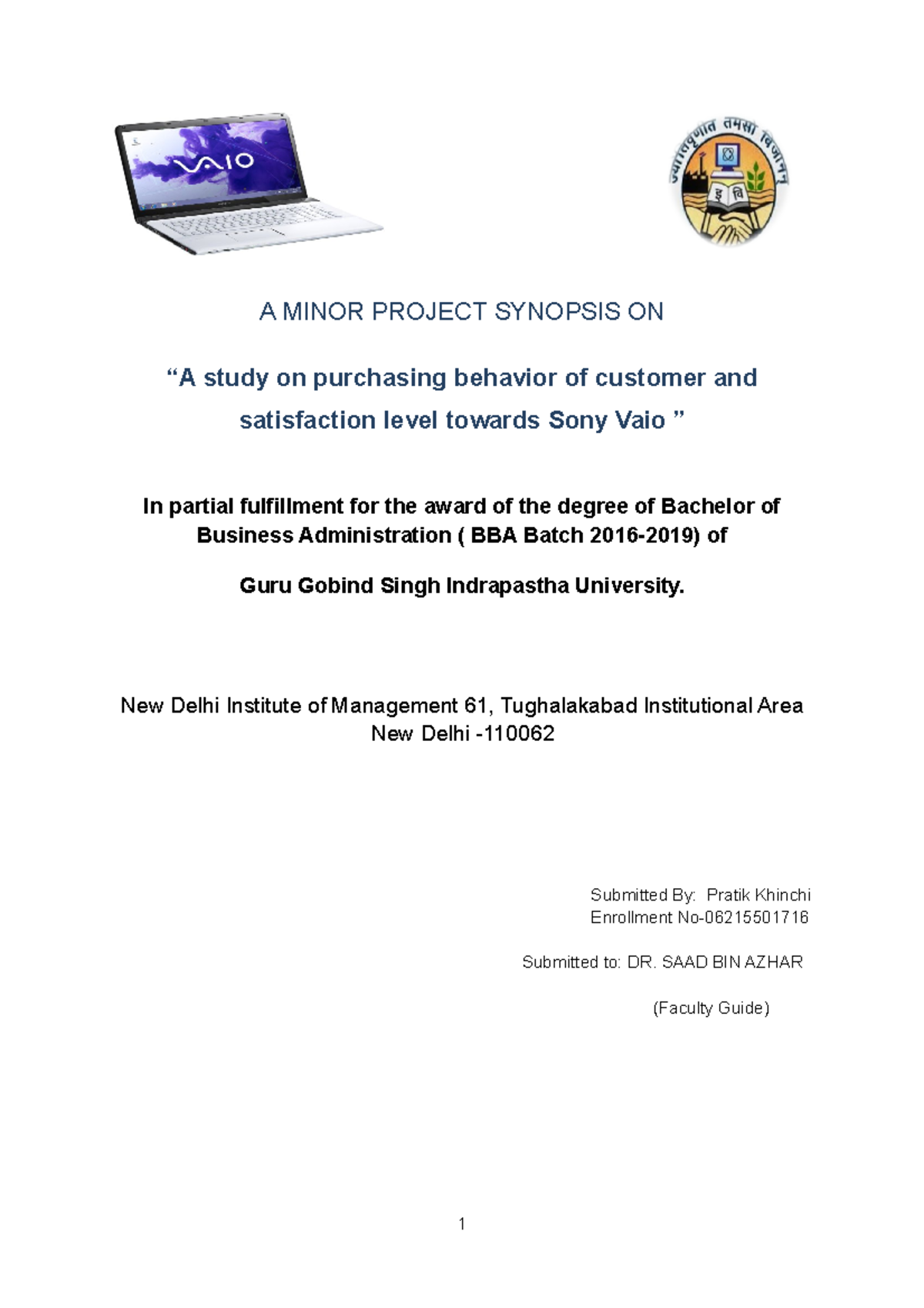 VAIO laptops - BBA Project - A MINOR PROJECT SYNOPSIS ON “A study on ...