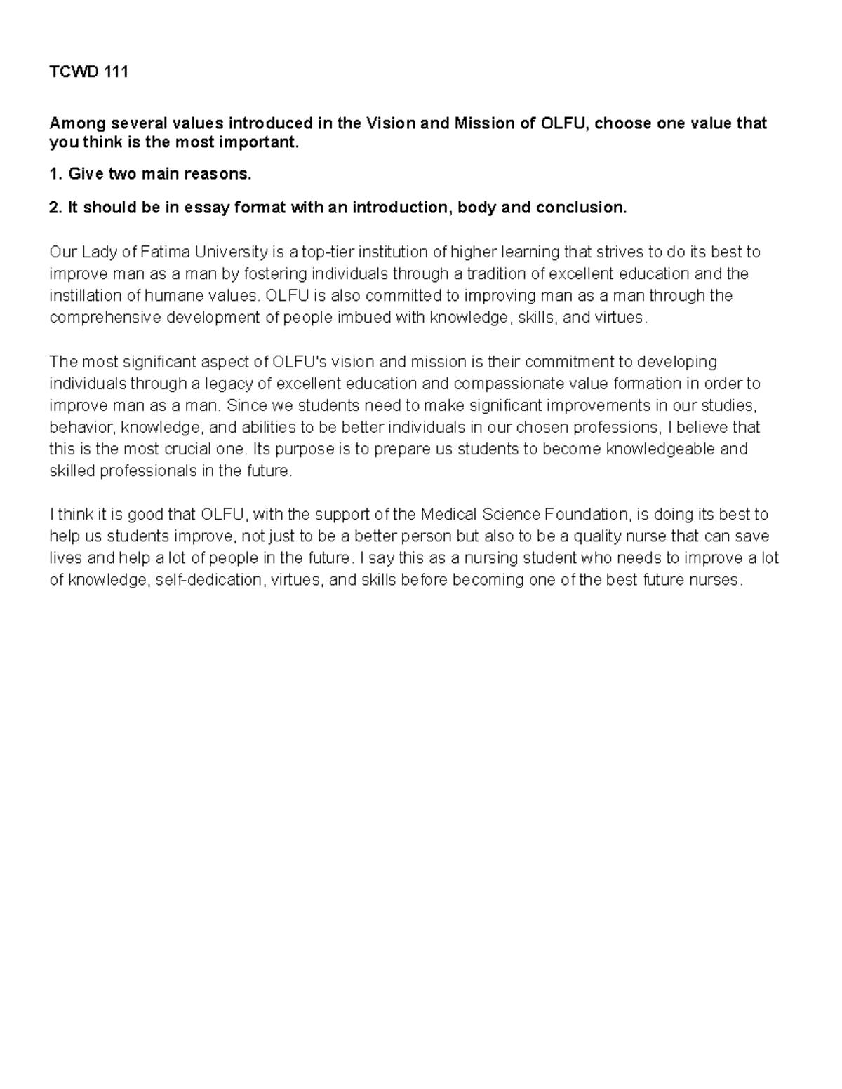 Core Values TCWD111 TCWD 111 Among several values introduced in the