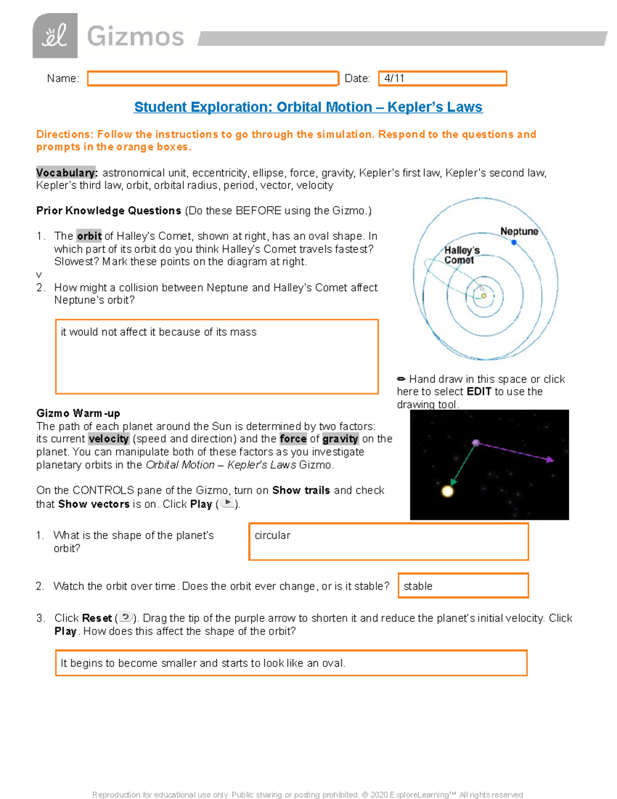 Copy Of Gizmo Kepler's Laws - Garcia, Evelyn - Name: Date: 4/ Student ...