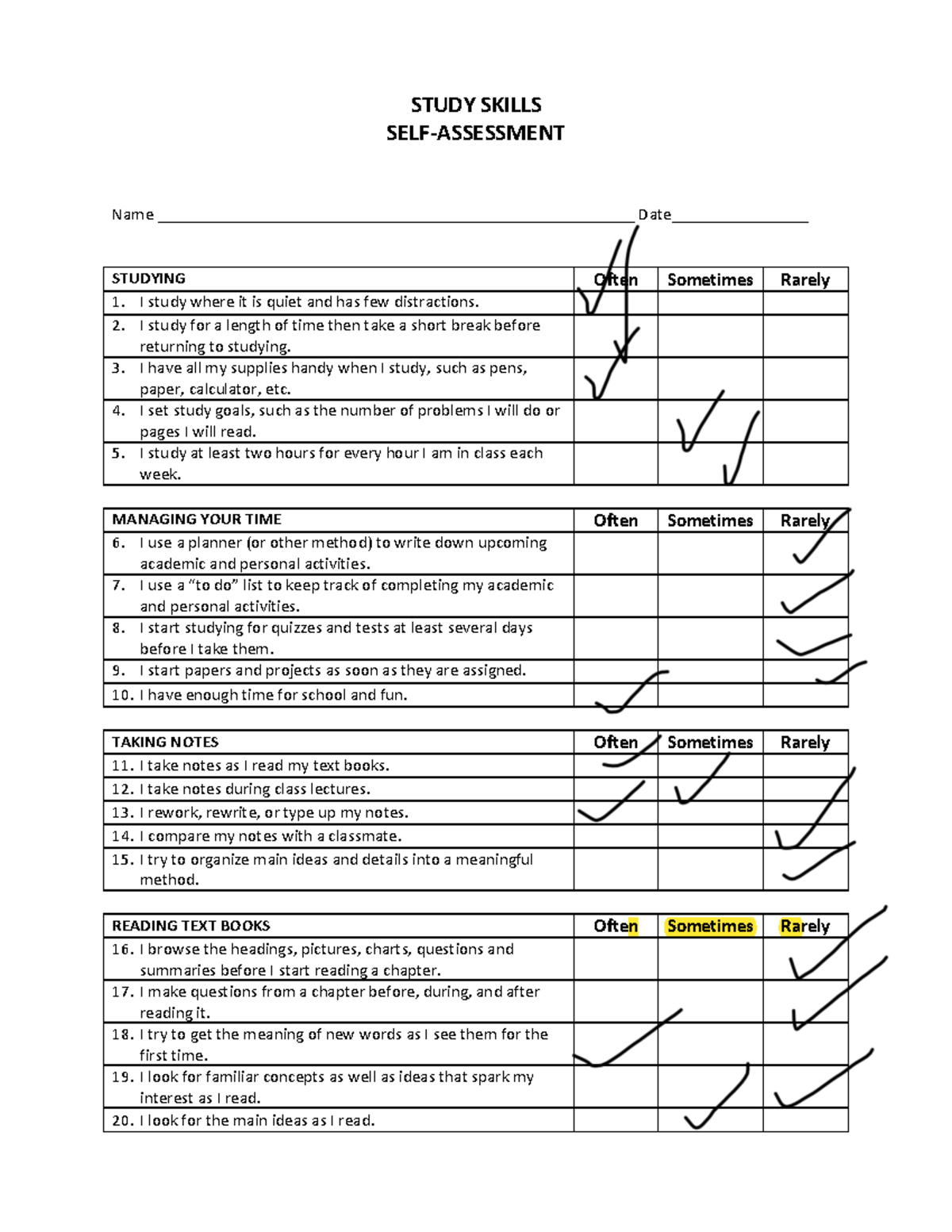 Study skills self assessment - STUDY SKILLS SELF-ASSESSMENT Name - Studocu