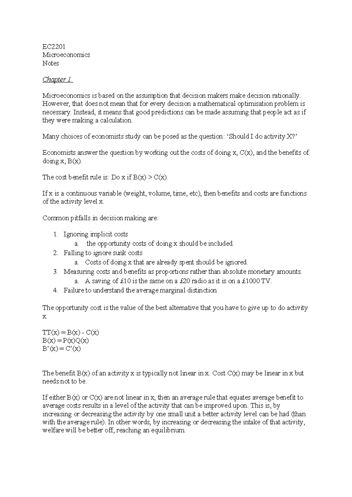 EC1101 notes - full year - EC Microeconomics Notes Chapter 1 ...