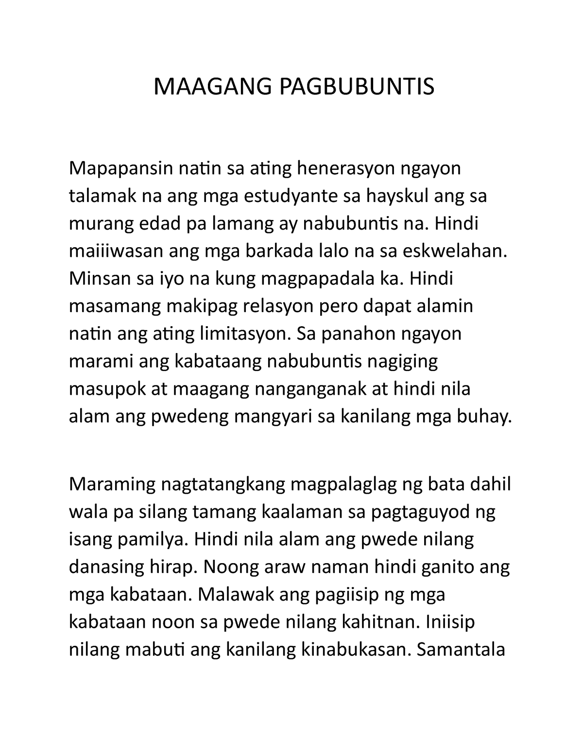 Maagang- Pagbubuntis - - Studocu