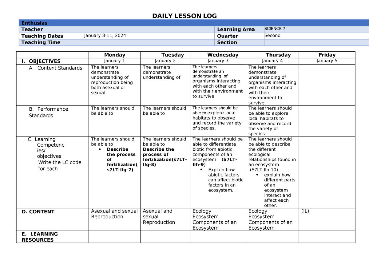 Dll7 upload - Dll on sexual and asexual reproduction - DAILY LESSON LOG ...