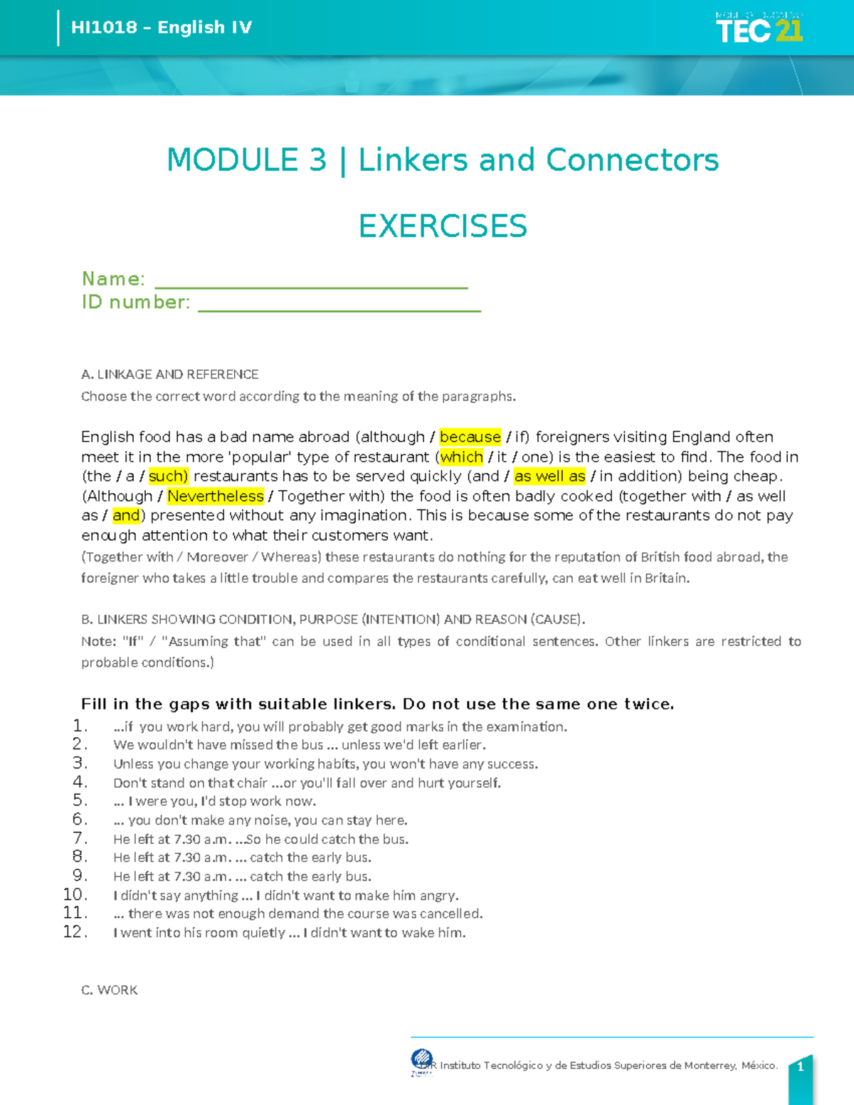 Session 24 Exercise linkersconnectors - HI1018 – English IV MODULE 3 ...
