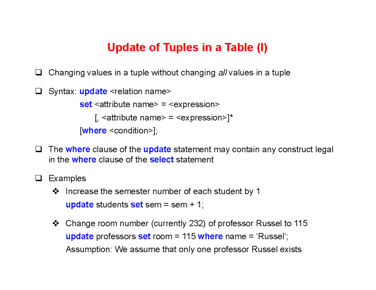 Lecture 13 - Dr. Markus Schneider - Update of Tuples in a Table (I ...