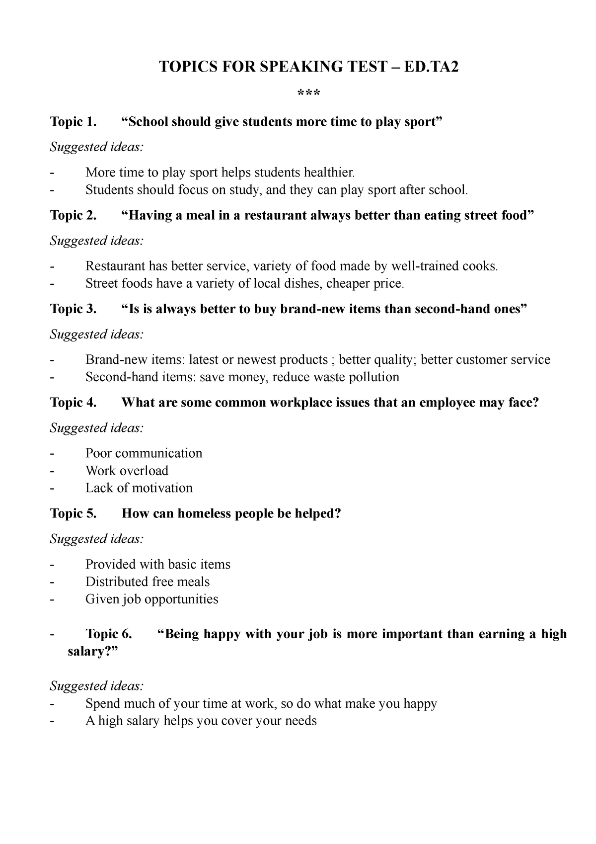 Topics FOR Speaking TEST - TA2 - TOPICS FOR SPEAKING TEST – ED ...