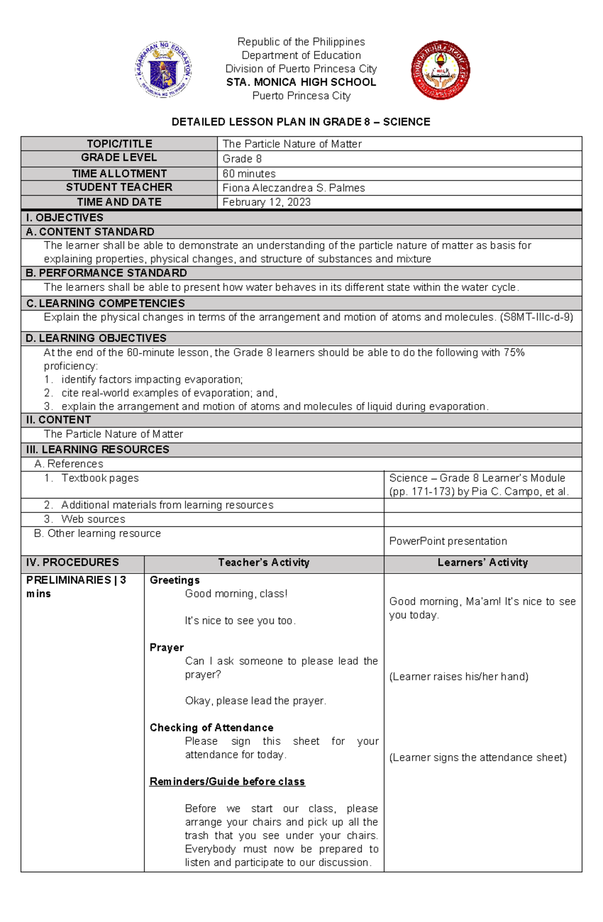 Lesson Plan (Evaporation) - Department of Education Division of Puerto ...