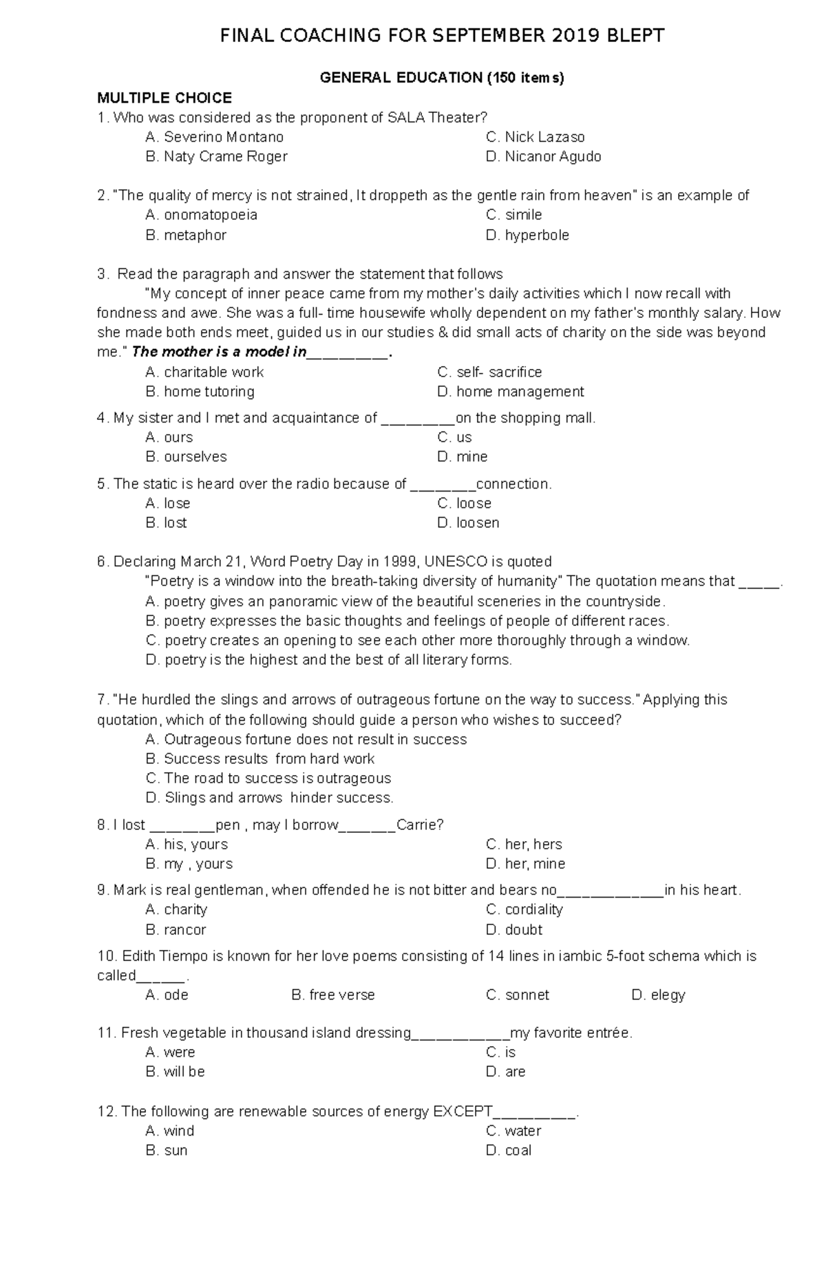 prof ed questions for the LET exam this sept - FINAL COACHING FOR ...