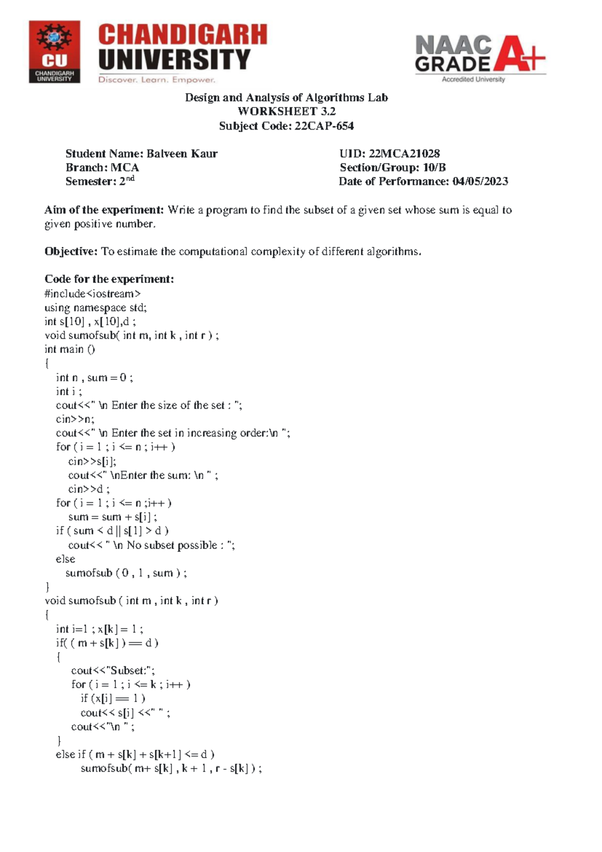 DAA Worksheet 3 - Design and Analysis of Algorithms Lab WORKSHEET 3 ...