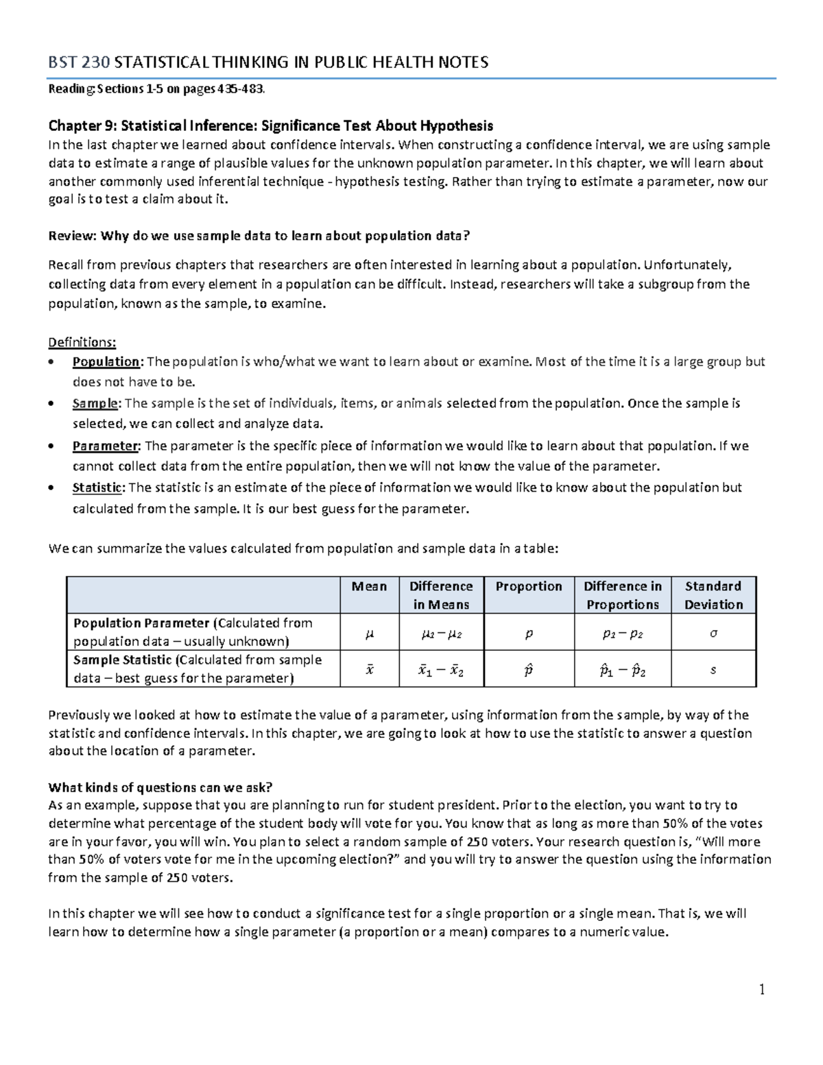 Chapter 9 Notes-1 - ch 9 notes - BST 230 STATISTICAL THINKING IN PUBLIC ...