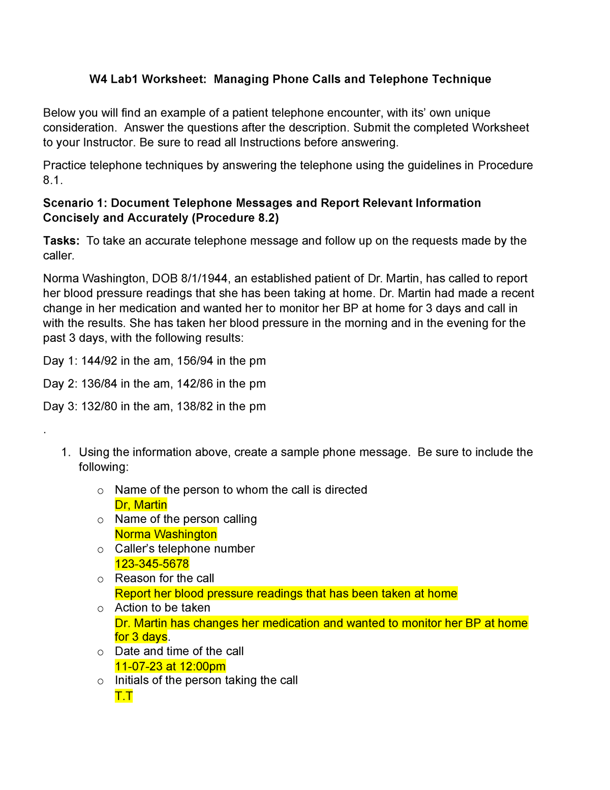 MOA110 W4 Lab - Week 4 - W4 Lab1 Worksheet: Managing Phone Calls And ...