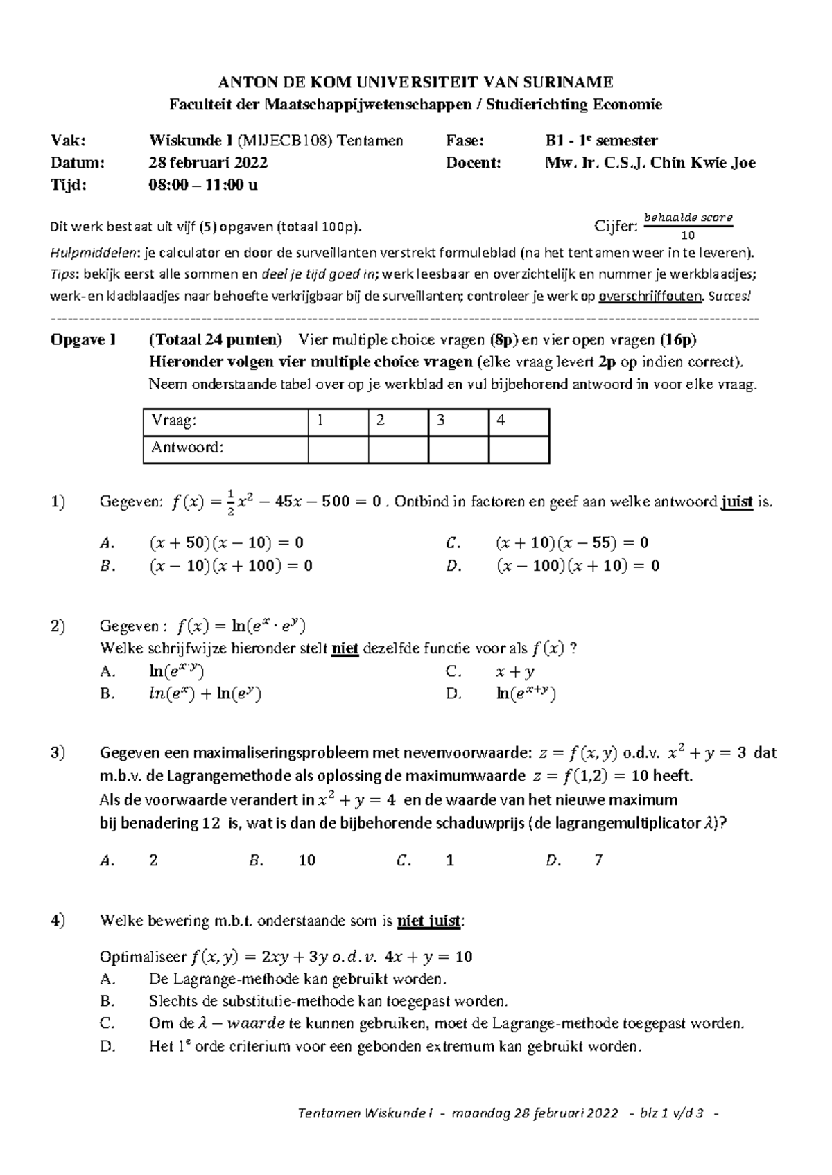 #01 2022 Definitief Tentamen Wisk1 Ma28feb - ANTON DE KOM UNIVERSITEIT ...