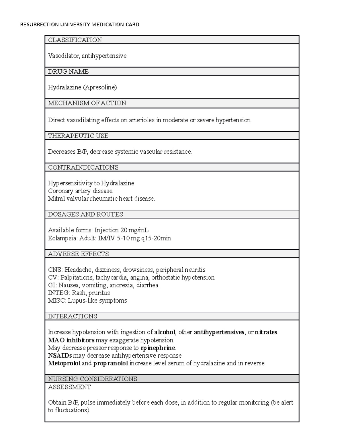 Hydralazine - med - RESURRECTION UNIVERSITY MEDICATION CARD ...