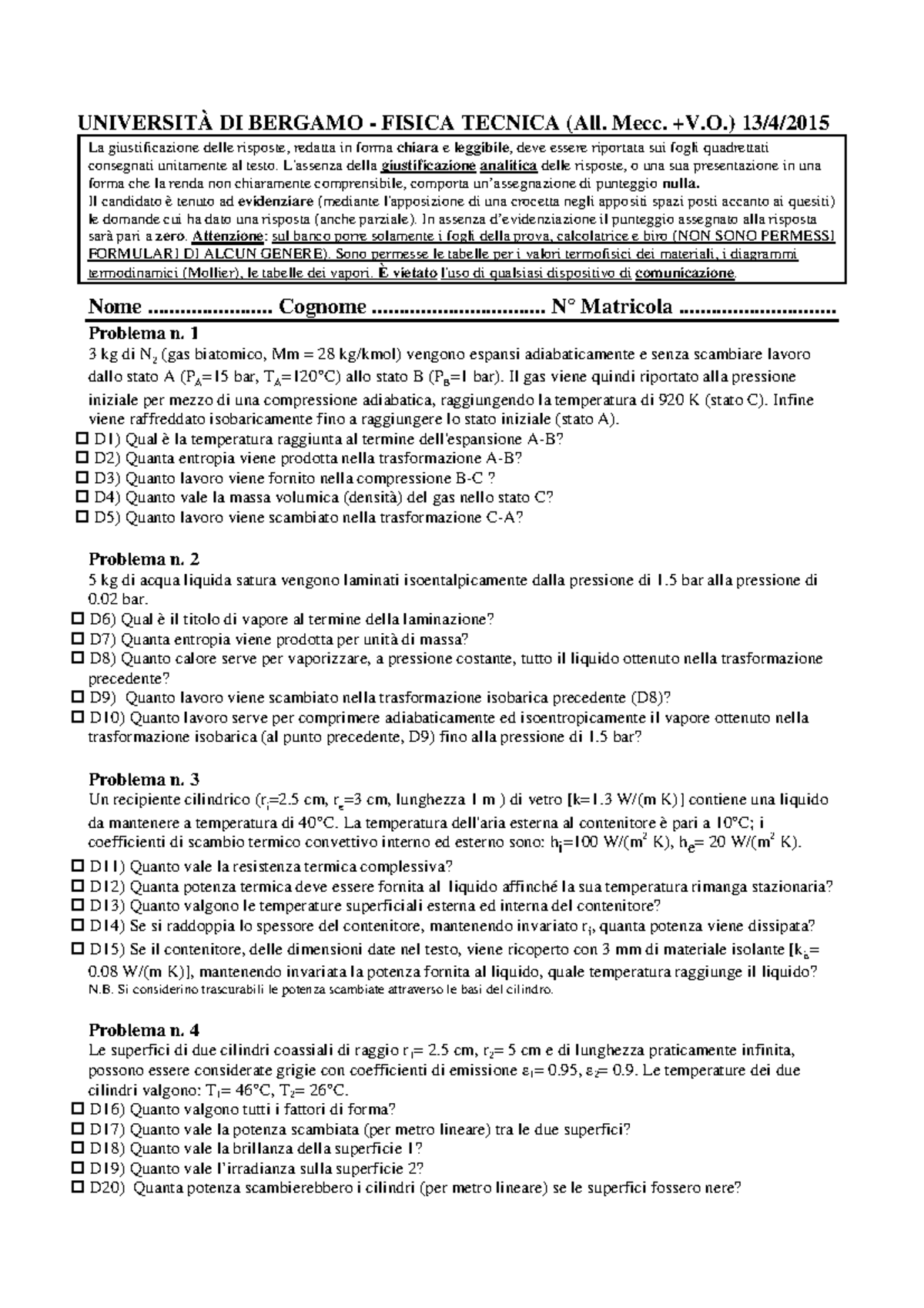 Esame Fisica Tecnica 13 Aprile 2015, Domande+risposte - DI BERGAMO ...