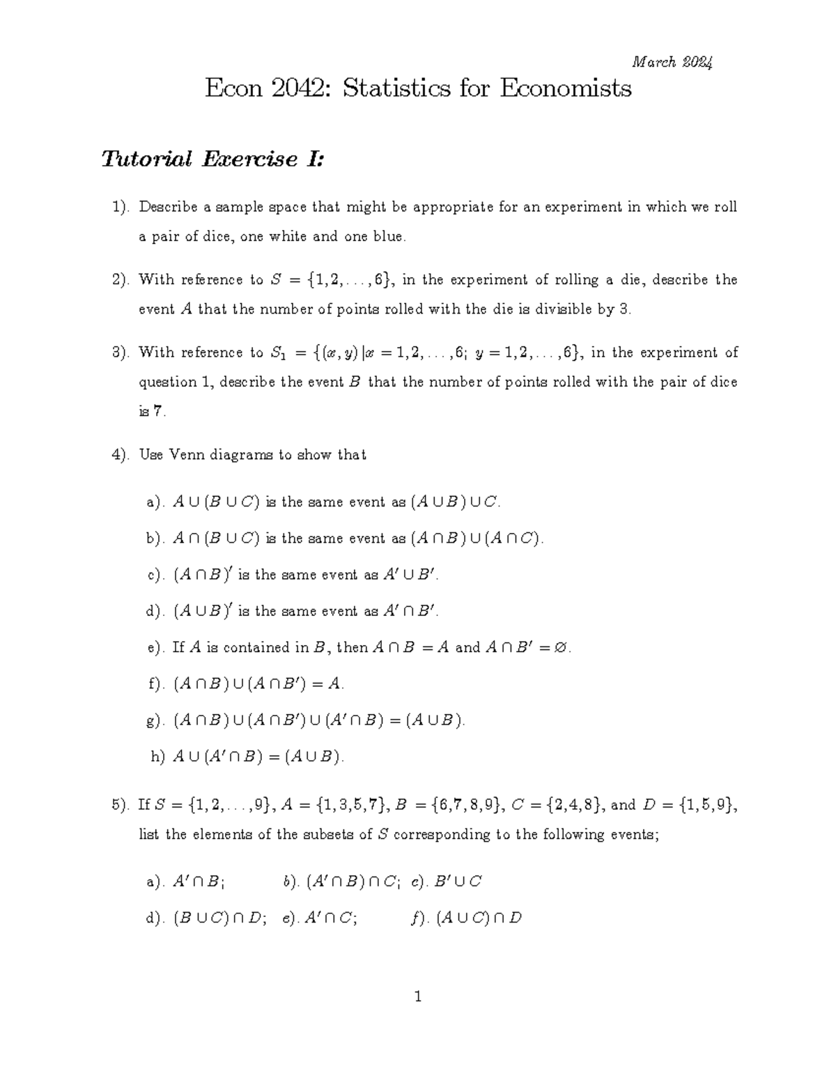 Tutorial Exercise I - March 2024 Econ 2042: Statistics for Economists ...