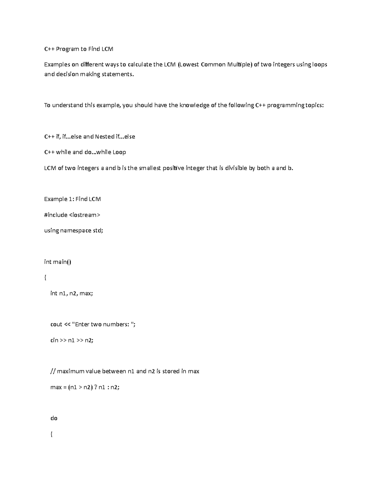 C 17 - Assignment - C++ Program to Find LCM Examples on different ways ...