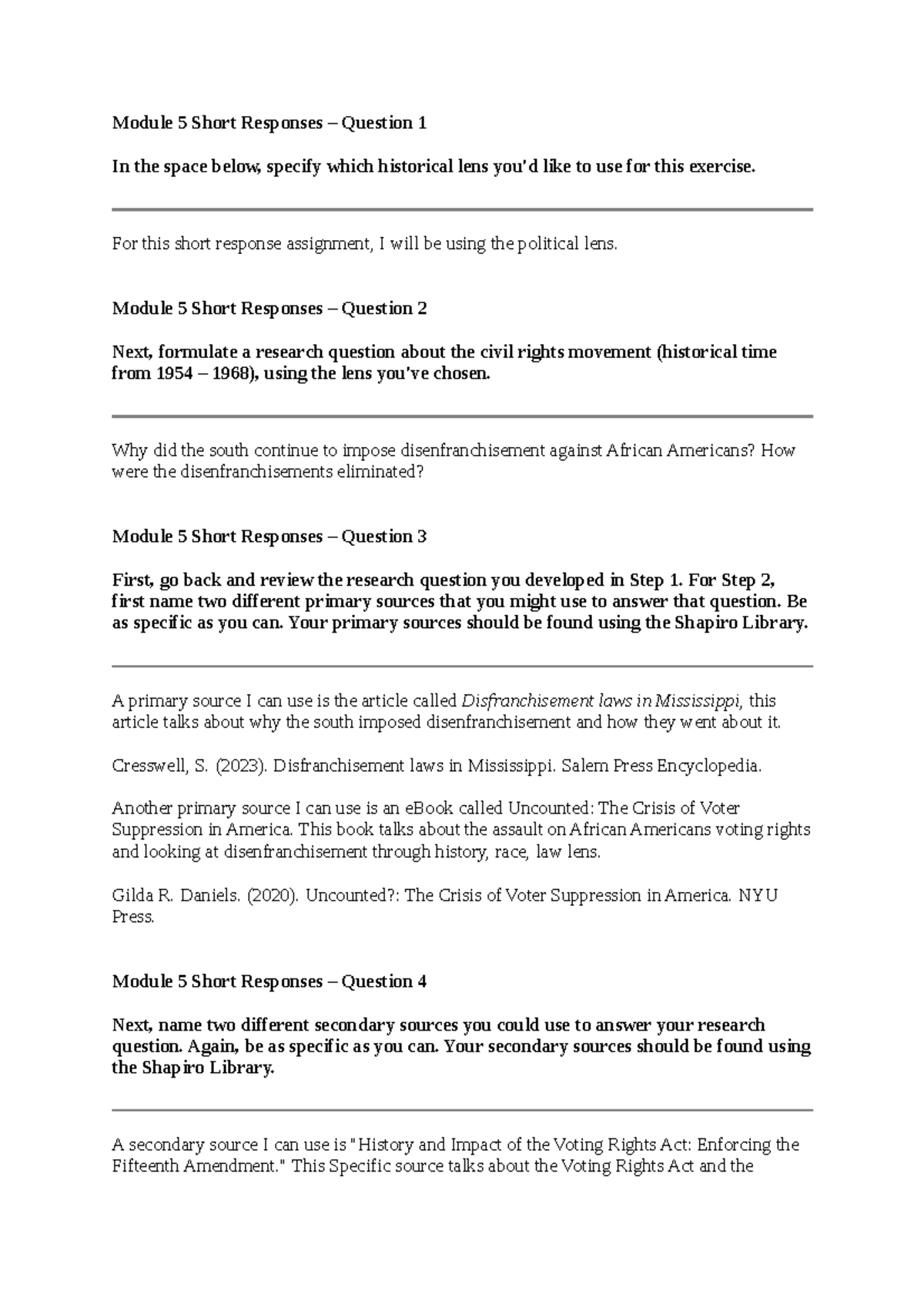 HIS 200 5-2 short response - Module 5 Short Responses – Question 1 In ...
