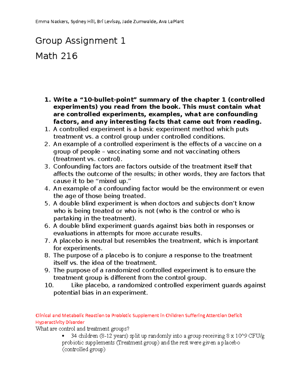 Stats Assignment 1 Emma Nackers, Sydney Hill, Bri Levisay, Jade Zumwalde, Ava LaPlant Group