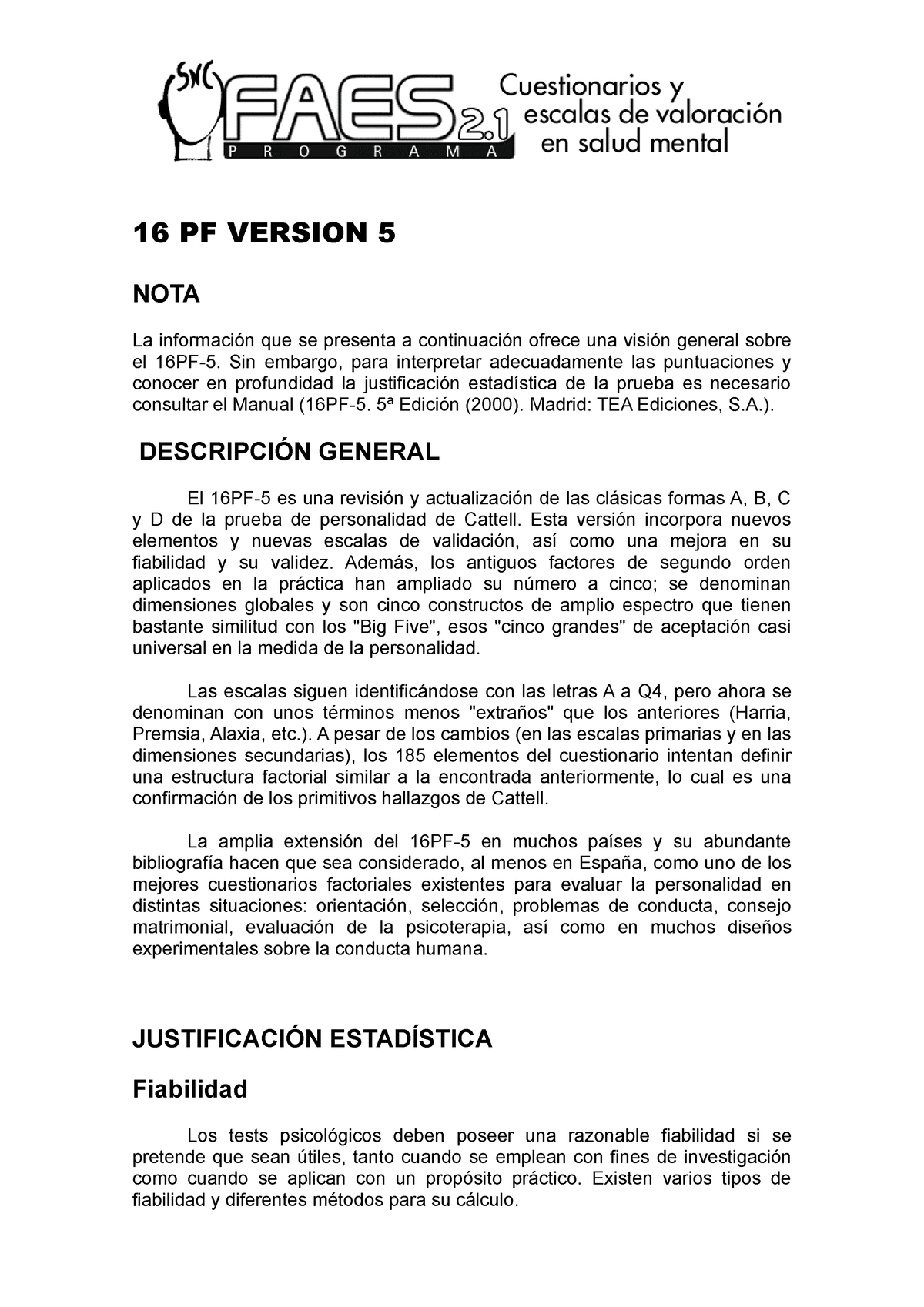 Ficha Modelo PARA Programa 16 PF 5 - 16 PF VERSION 5 NOTA La ...