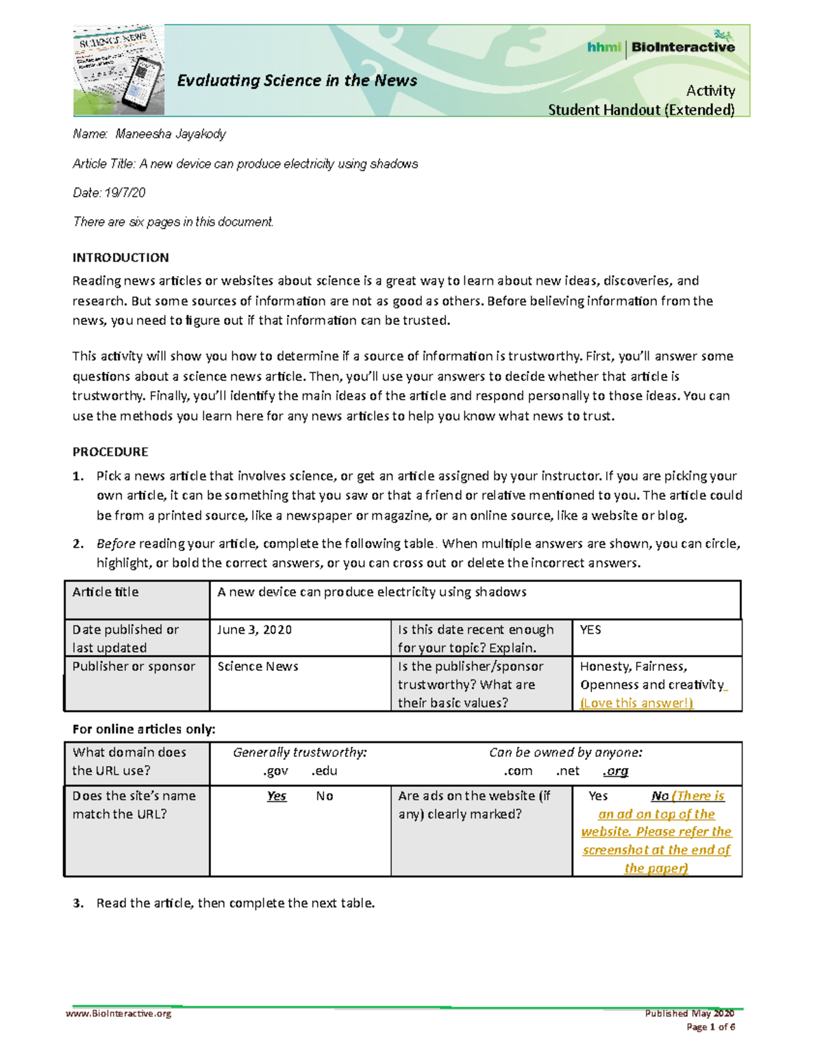 Evaluating Science in the News - Name: Maneesha Jayakody Article Title ...