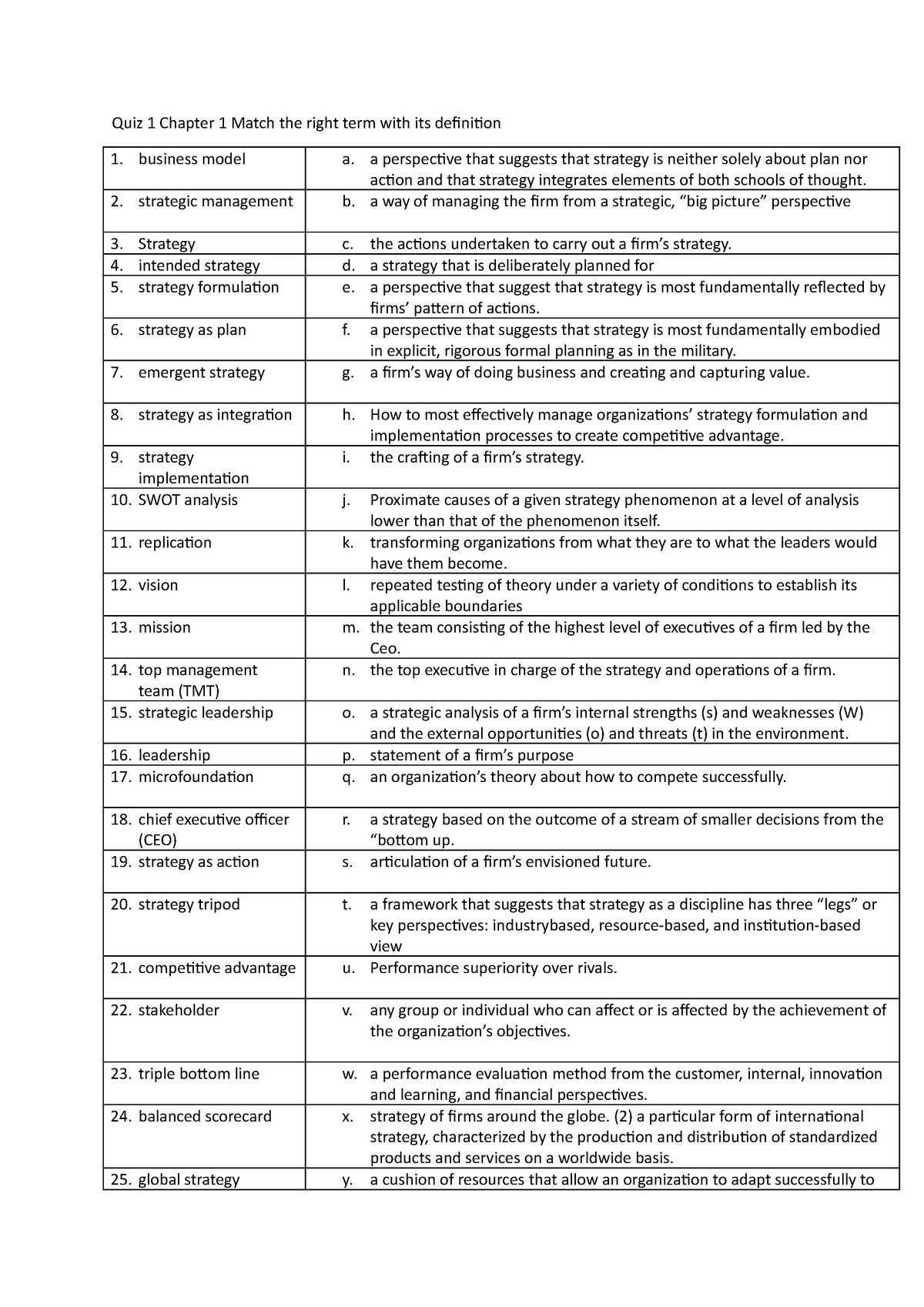 Quiz 1 Chapter 1 Match the right term with its definition - Quiz 1 ...