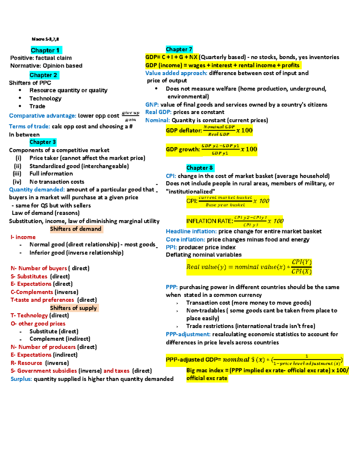 Macro Quiz Cheat Sheet - Chapter 1 Positive: Factual Claim Normative 