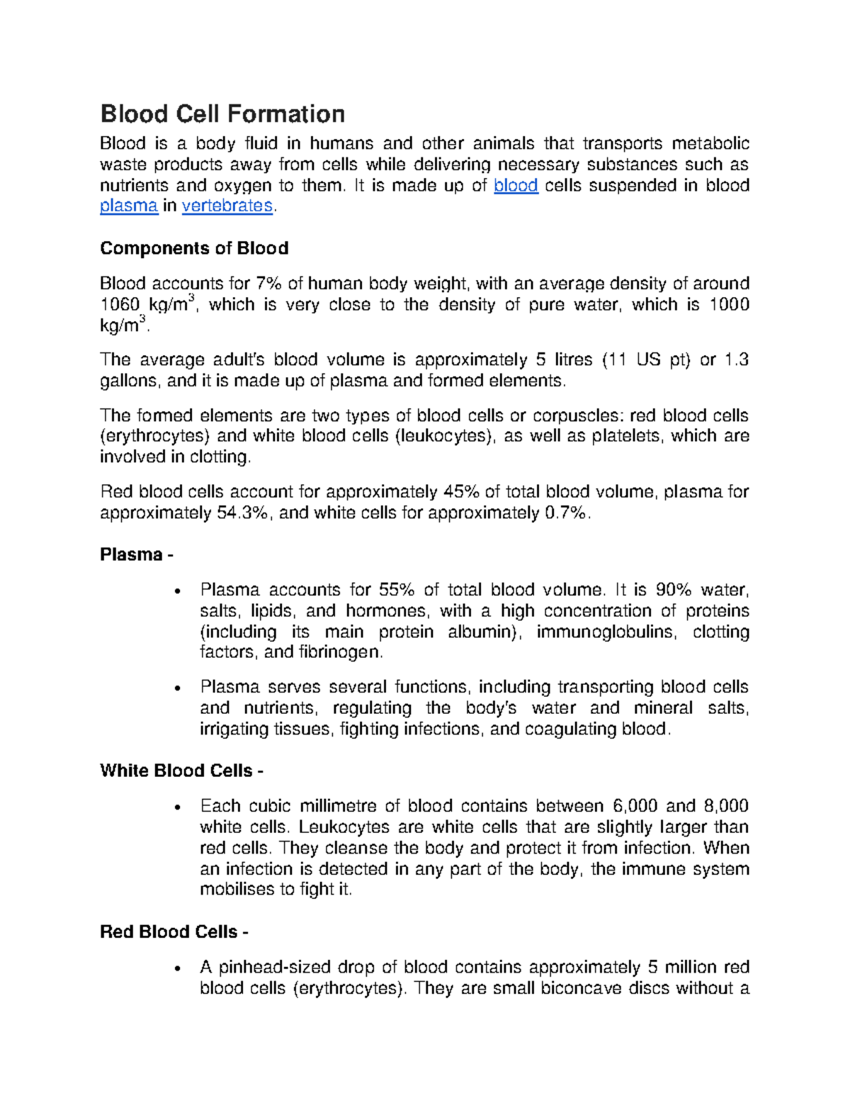 Blood Cell Formation - Lecture notes 31 - Blood Cell Formation Blood is ...