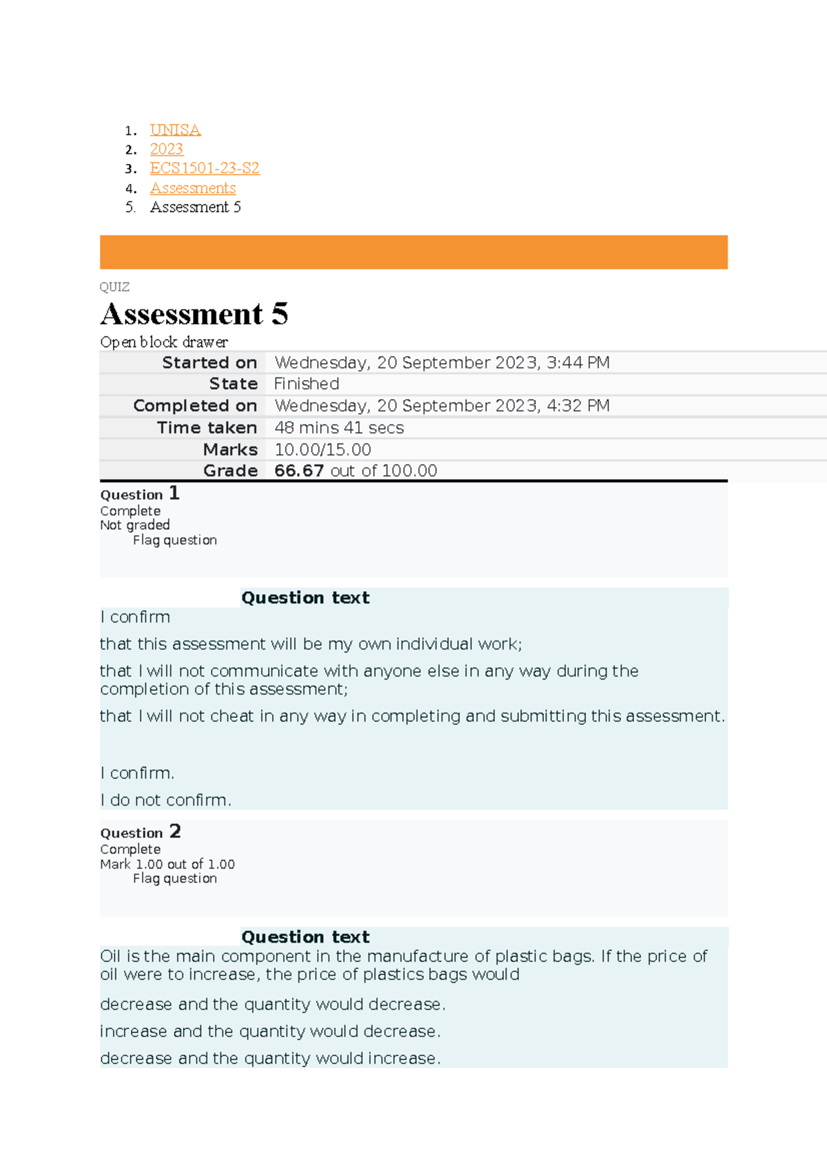 Ecs1501 23 S2 Assignment 5 1 Unisa 2 2023 3 Ecs1501 23 S Assessments Assessment 5 Quiz Ecs1501 23 S2 Assignment 5 1 Unisa 2 2023 3 Ecs1501 23 S Assessments Assessment 5 Quiz