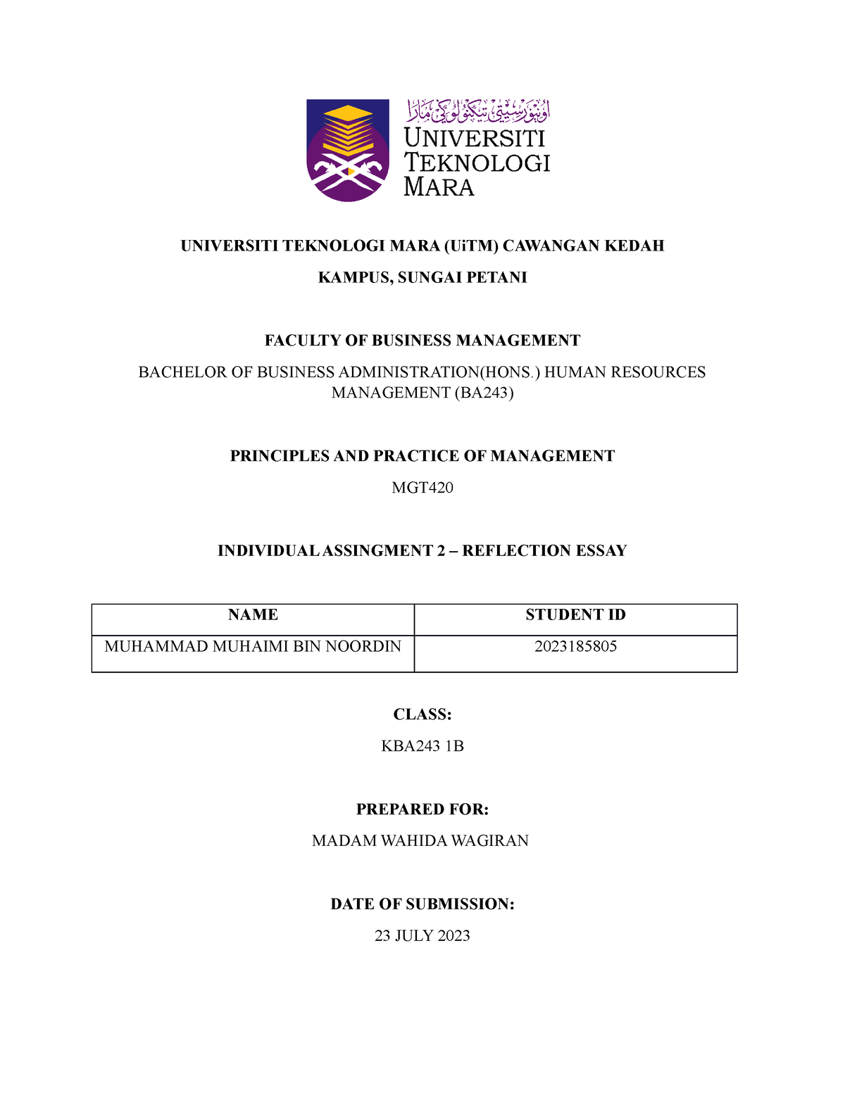 Reflective Essay - UNIVERSITI TEKNOLOGI MARA (UiTM) CAWANGAN KEDAH ...