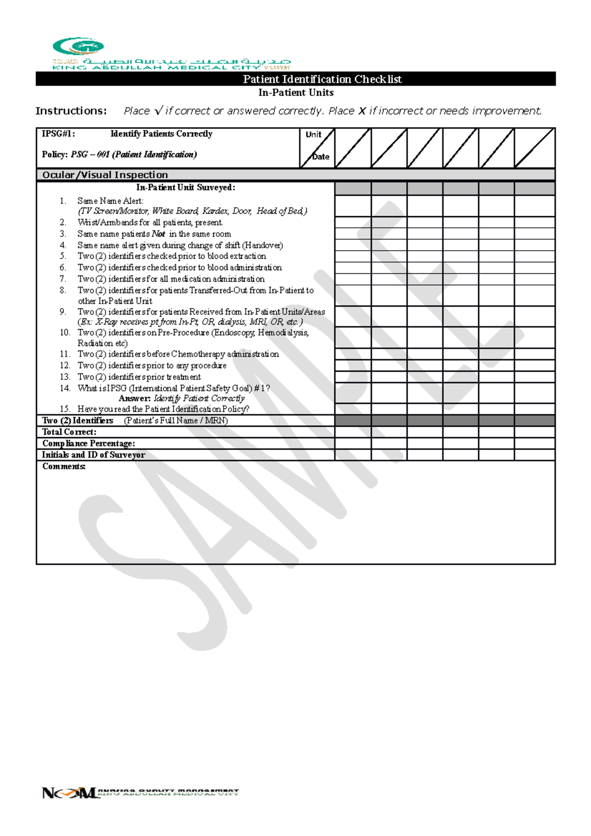 Copy of 6 IPSGs Check List edited - Patient Identification Checklist In ...