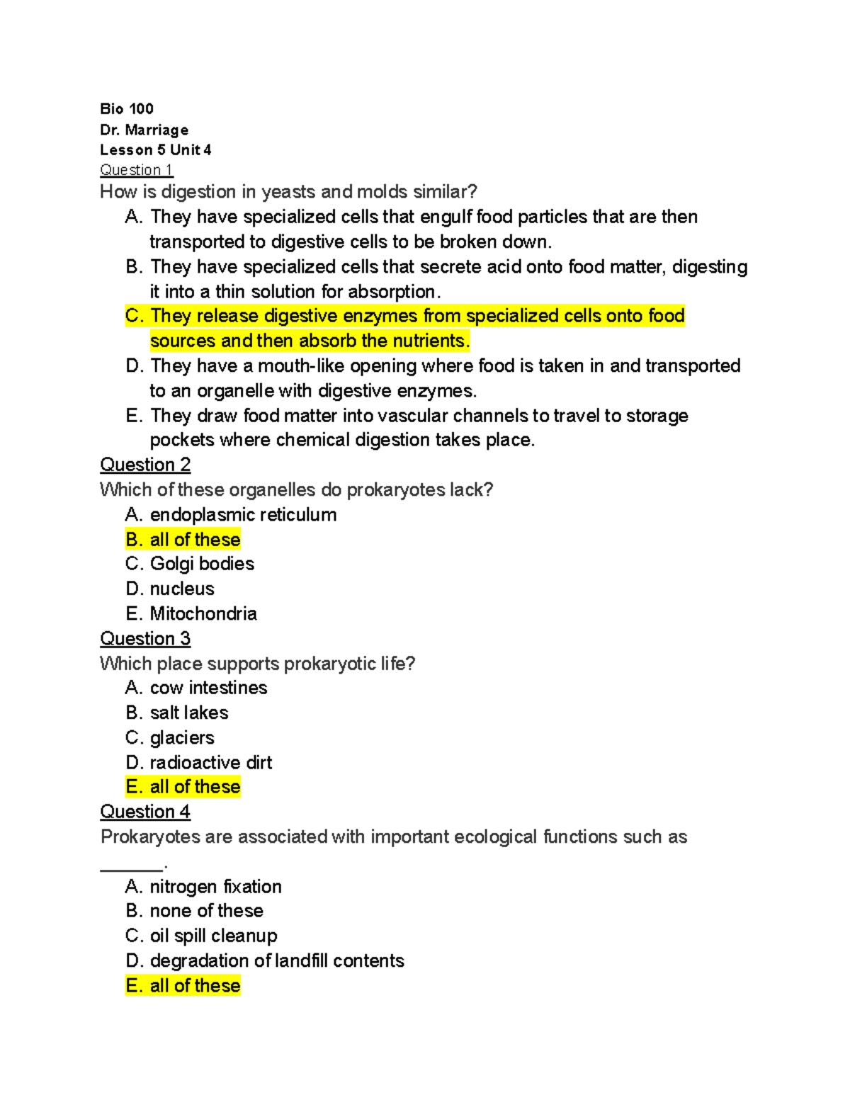 Bio 100 Lesson 5 Unit 4 Quiz - Bio 100 Dr. Marriage Lesson 5 Unit 4 ...