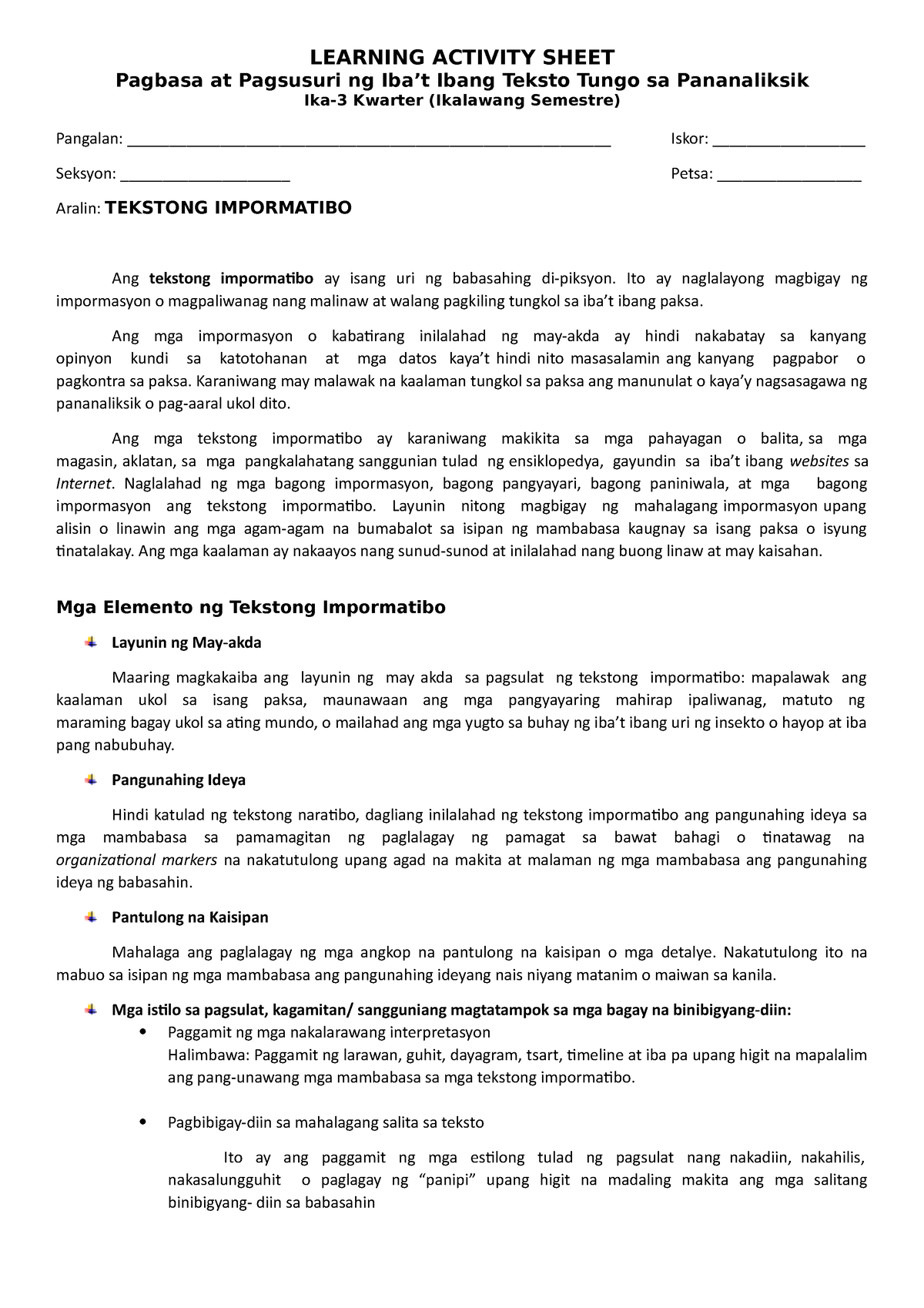 Las Tekstong Impormatibo Learning Activity Sheet Pagbasa At Pagsusuri Ng Ibat Ibang Teksto