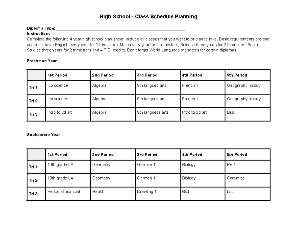 Copy of 4 Year Plan WHS - i nned dcheat sheets - High School - Class ...